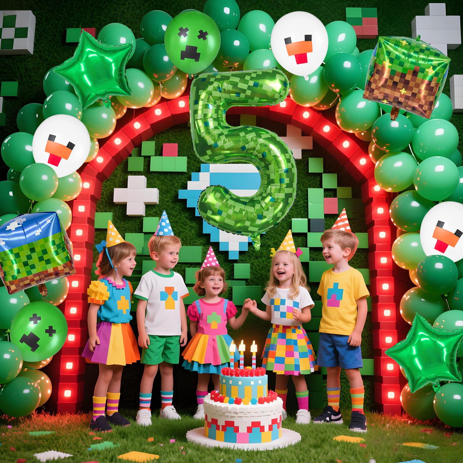 FJZEPIN 40 Inch Giant Green Pixel Miner Themed Number Foil Balloons, Mining Green Birthday Party Decorations Bundle 0-9 Optional Kids Anniversary Balloon Party Supplies (Number 5)