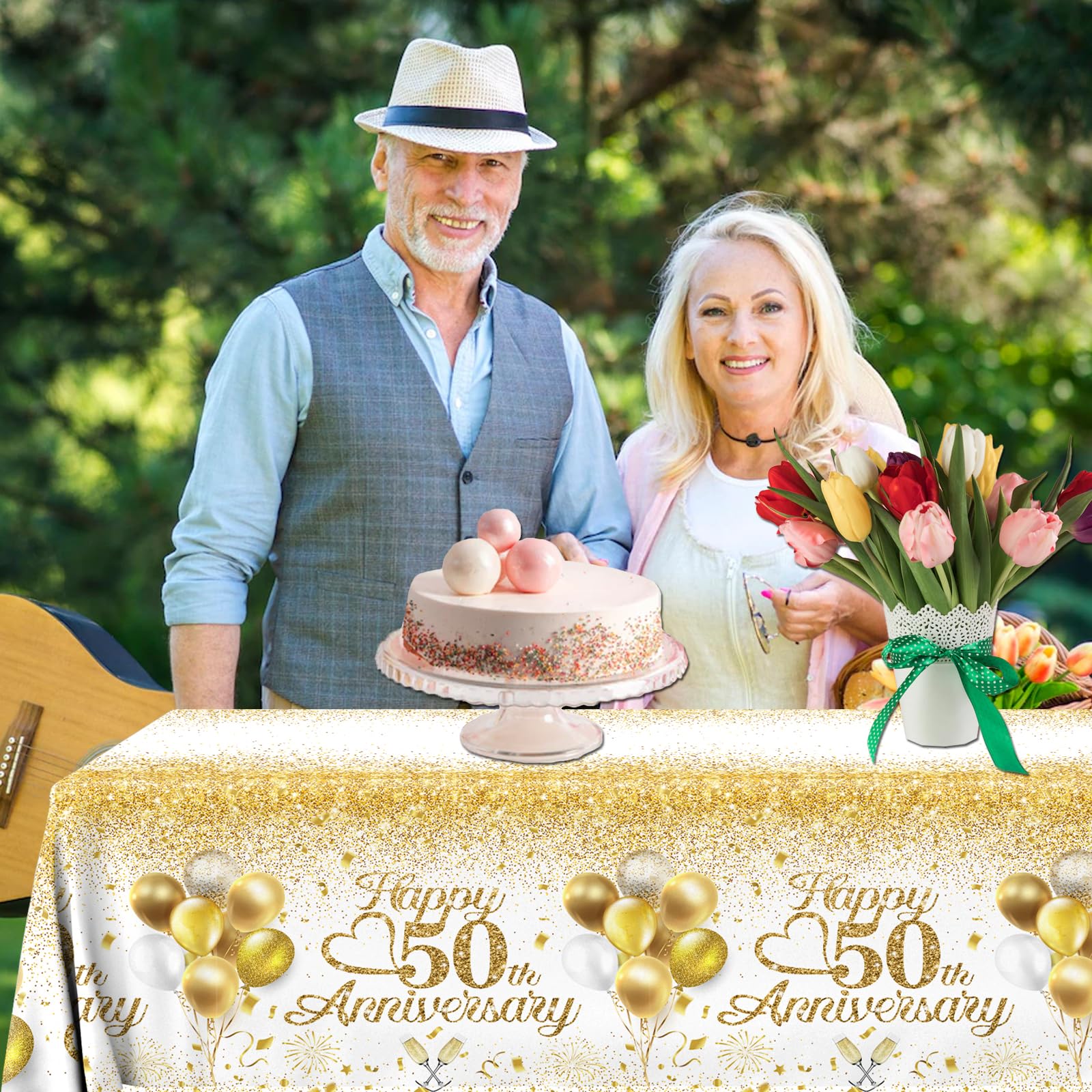 Dydamud Happy 50th Anniversary Table Cloth,50 Year Anniversary Decorations 3Pcs White and Gold Tablecloth Waterproof Rectangular Table Cover for 50 Year Old Birthday Party Supply