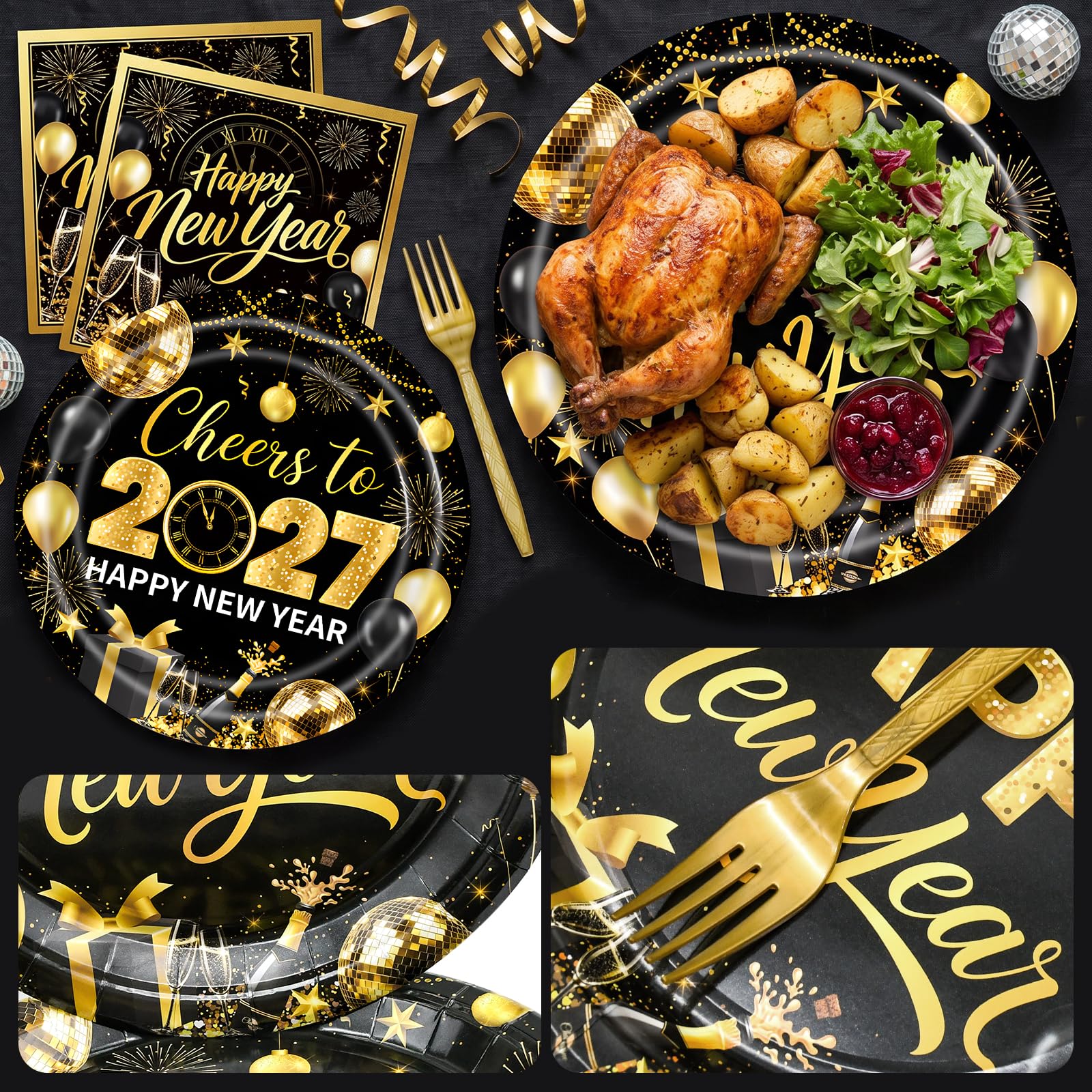 Herytem 96 Pieces New Year’s Eve Plates and Napkins Set – Black and Gold 2027 Disposable 9 Inch and 7 Inch Party Plates with Gold Forks for New Year Countdown Celebration – Serves 24 Guests