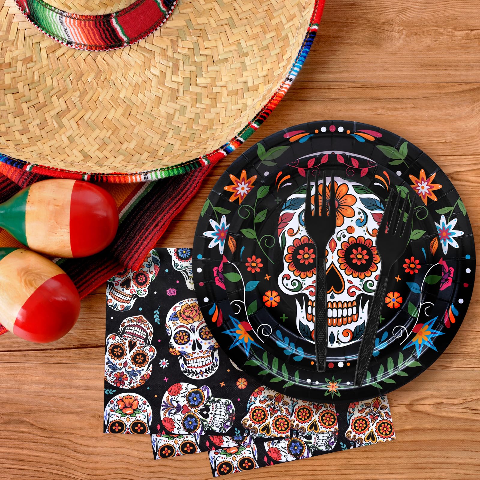 96 Pieces Day of the Dead Tableware Set - Mexican Sugar Skull Pattern Disposable Plates, Napkins, and Forks for Dia de los Muertos, Halloween, Fiesta, and Cultural Celebrations – Serves 24