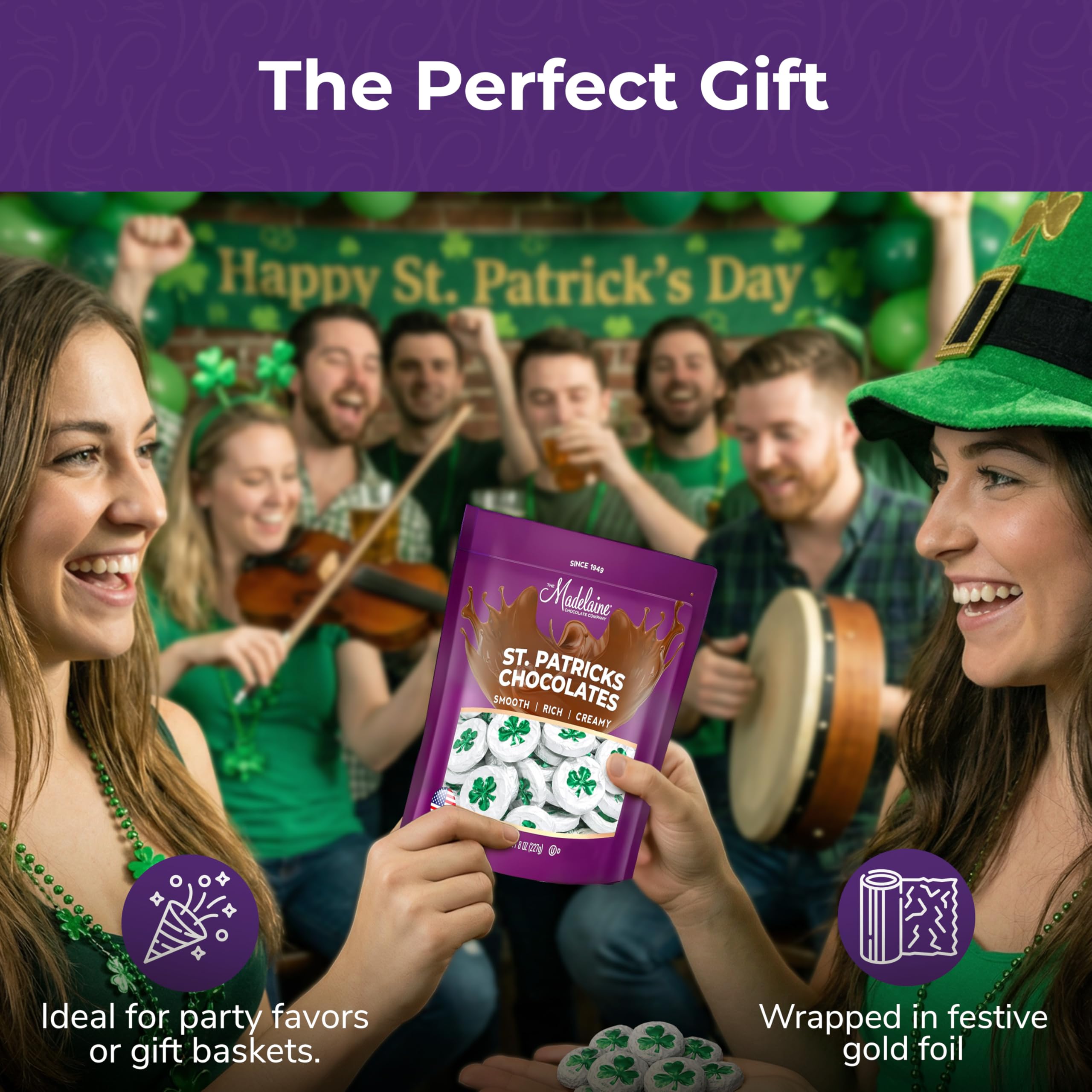 Madelaine St. Patrick's Day Milk Chocolate Shamrocks - About 20 Individually Wrapped Chocolate Candy in Matte White Foil with Green Shamrock - St Patricks Day Candy Party Favors & Basket Fillers