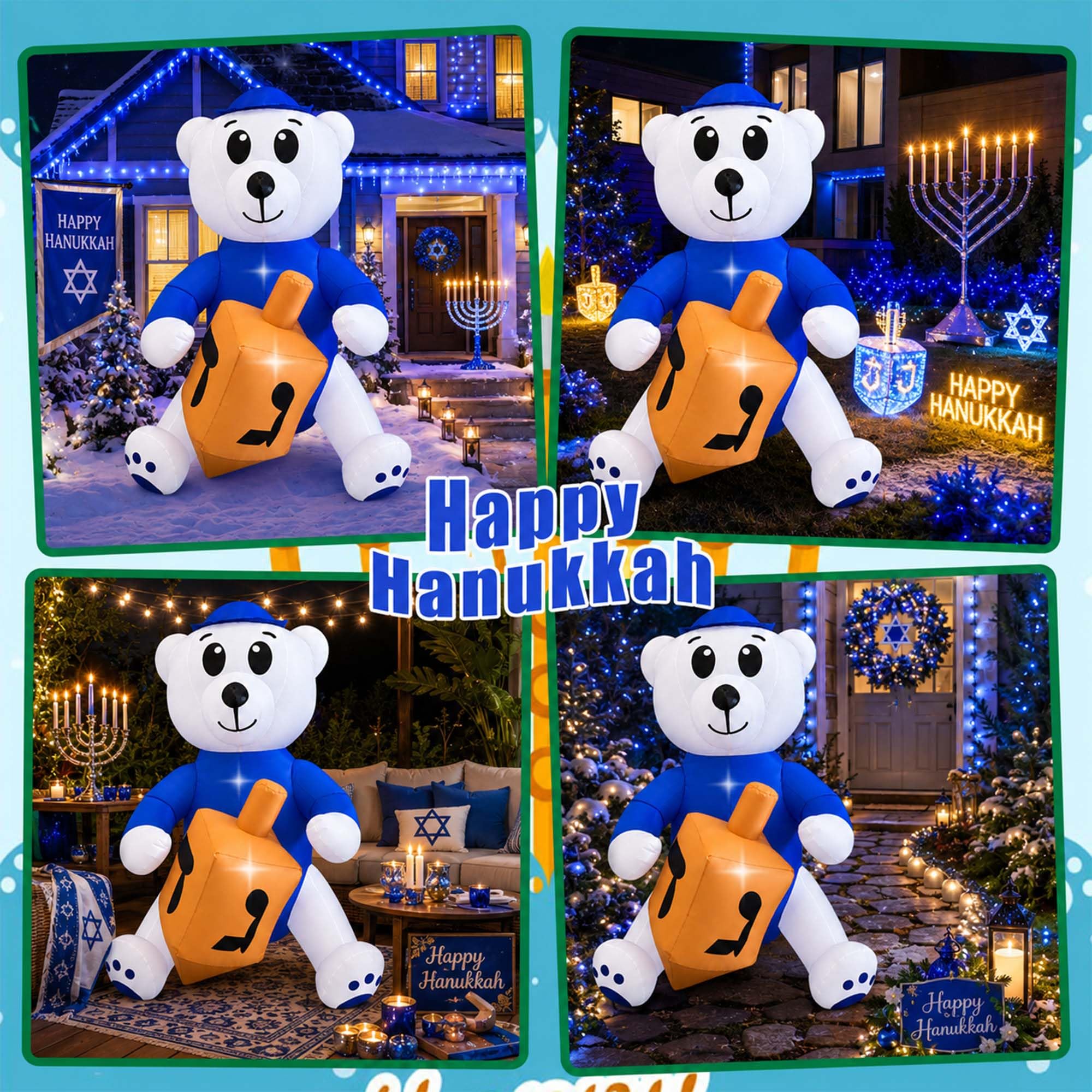 SEASONBLOW 4.5FT Hanukkah Inflatable Polar Bear Holding a Dreidel Decoration, Lighted Blow Up Decor for Indoor Outdoor Home Garden Lawn Yard