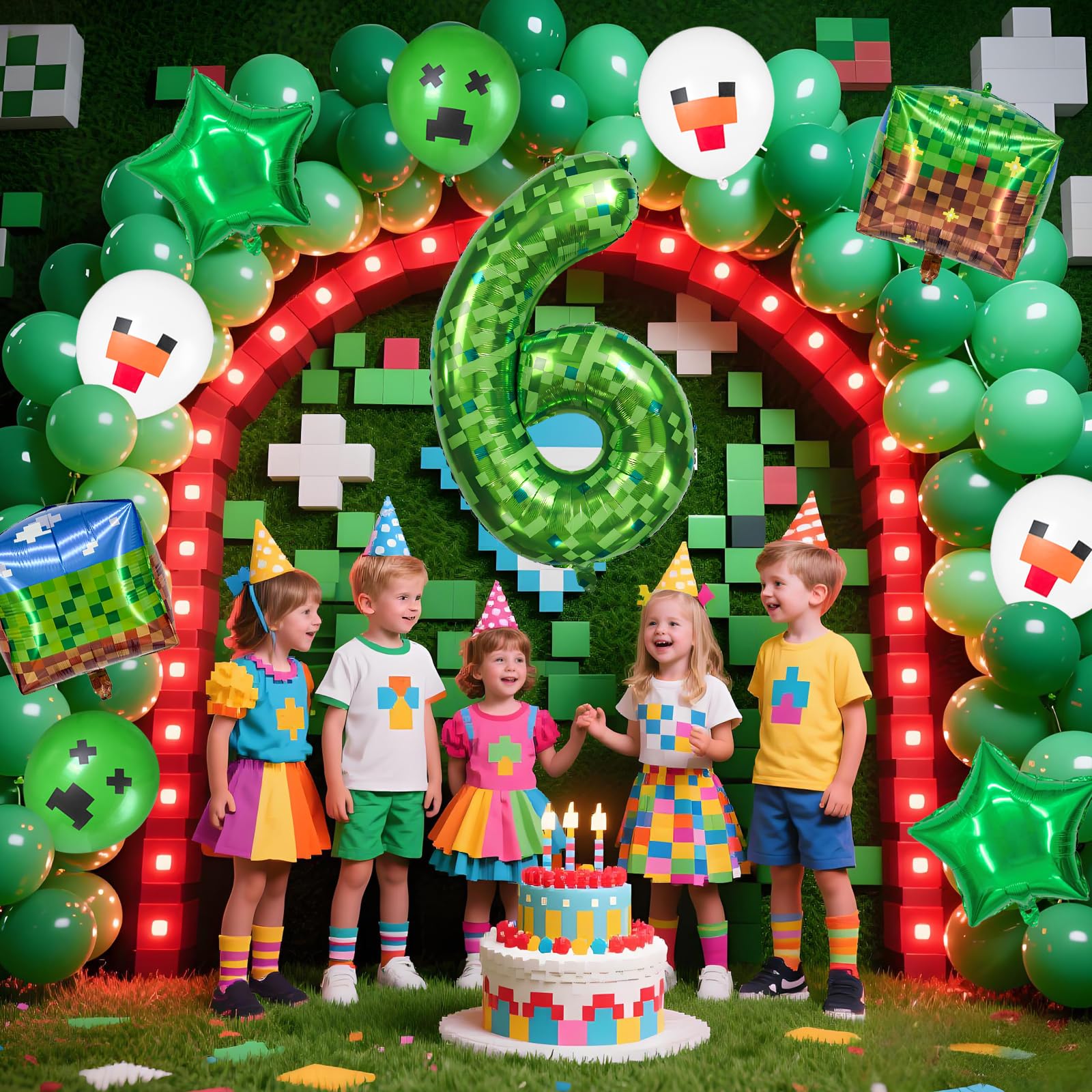FJZEPIN 40 Inch Giant Green Pixel Miner Themed Number Foil Balloons, Mining Green Birthday Party Decorations Bundle 0-9 Optional Kids Anniversary Balloon Party Supplies (Number 6)