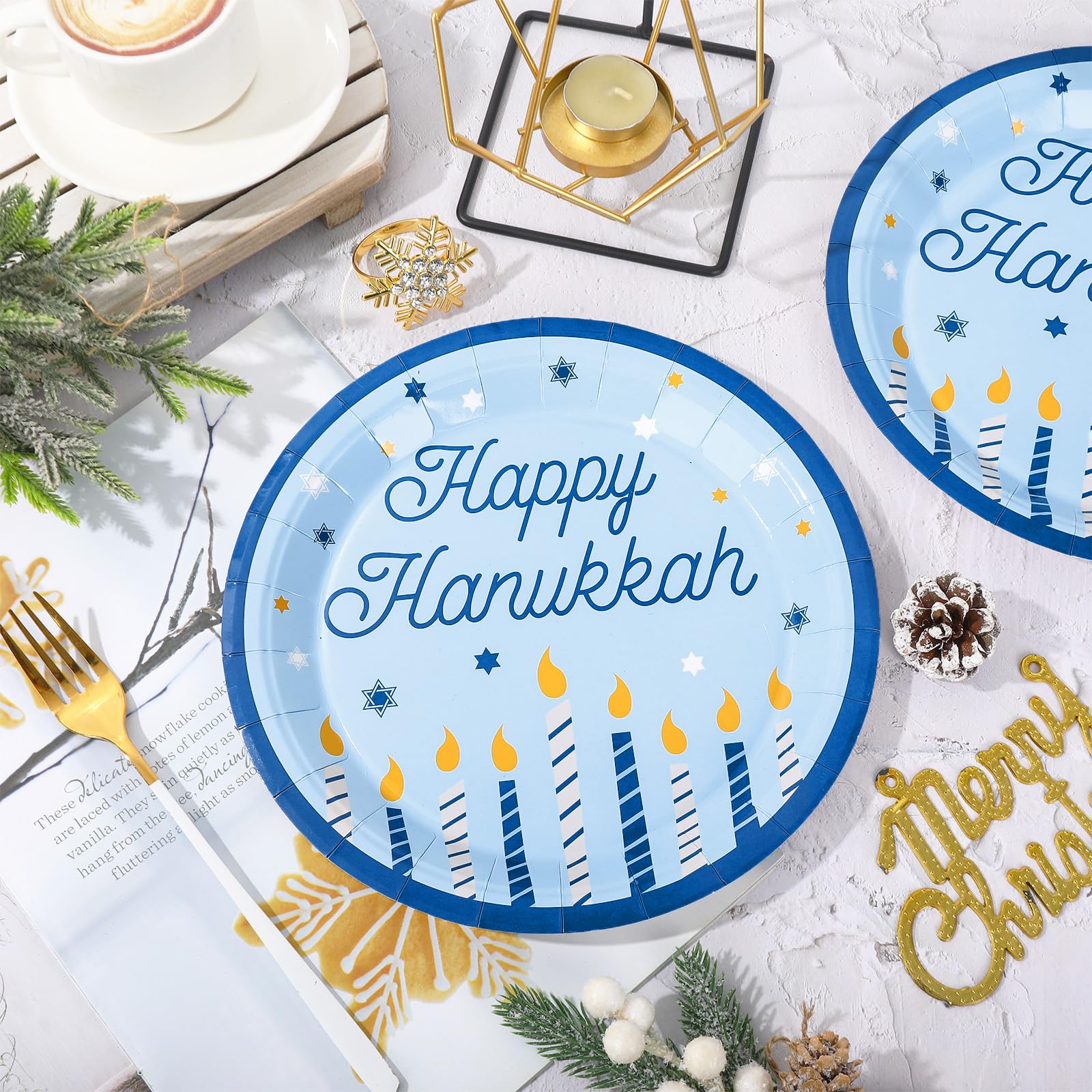 Whaline 24Pcs Happy Hanukkah Paper Plate Blue Candle Star Disposable Dinner Plate Chanukah Tableware Plates for Party Supplies Table Decor, 9 Inch