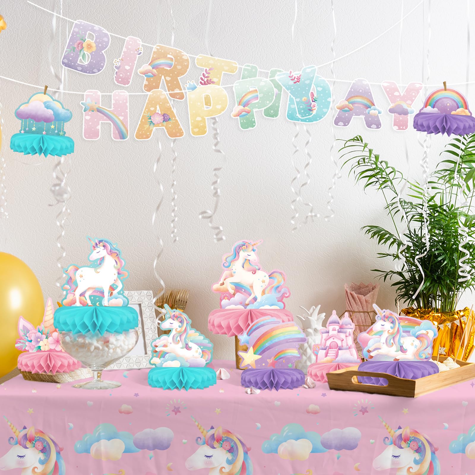Unicorn Birthday Party Supplies Set - Rainbow Table Decorations with Honeycomb Centerpiece for Unicorn Party Decorations