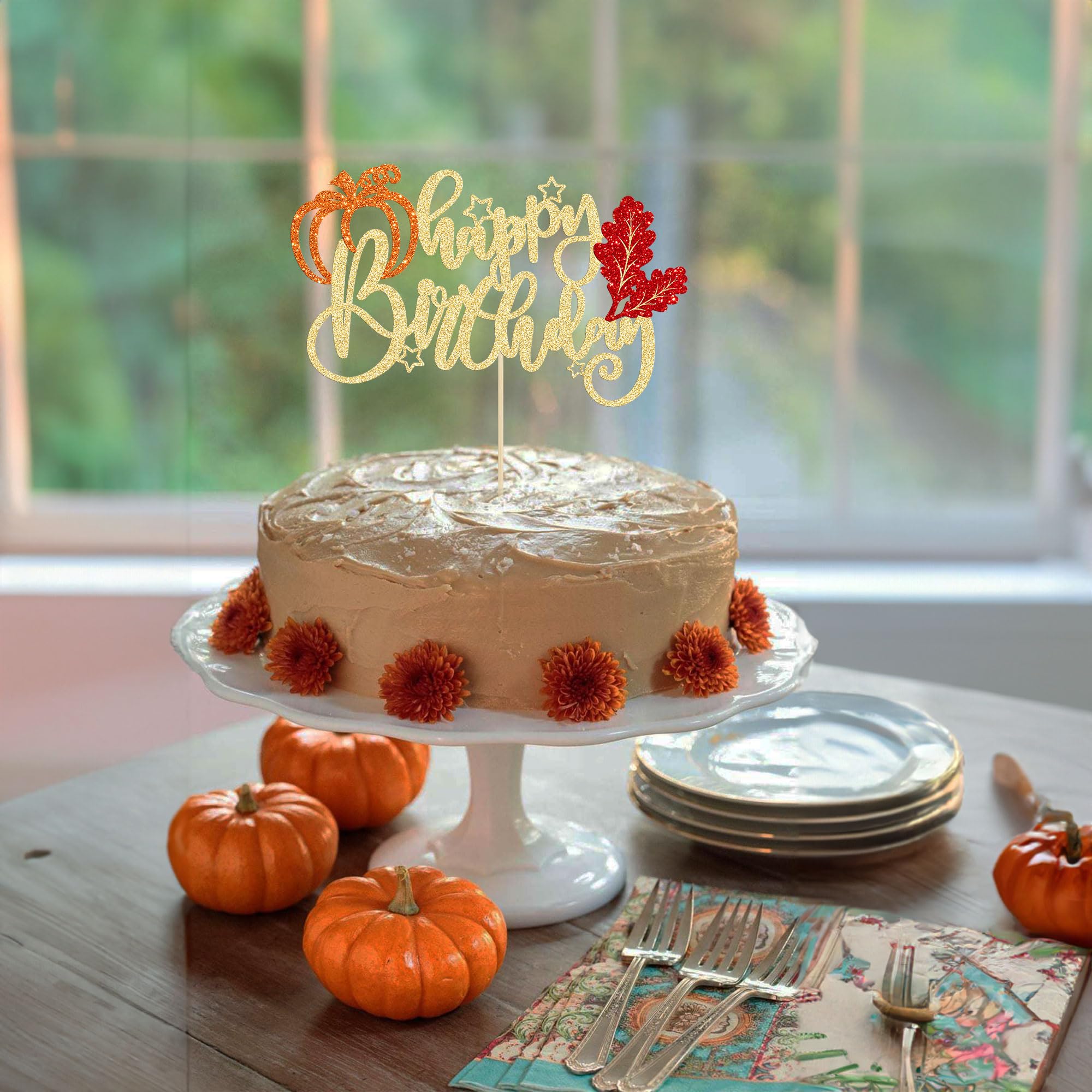1Pc Maple Leaf Happy Birthday Cake Topper Glitter Fall Autumn Harvest Pumpkin Birthday Cake Pick Decorations for Thanksgiving Day Theme Birthday Party Cake Decorations Supplies