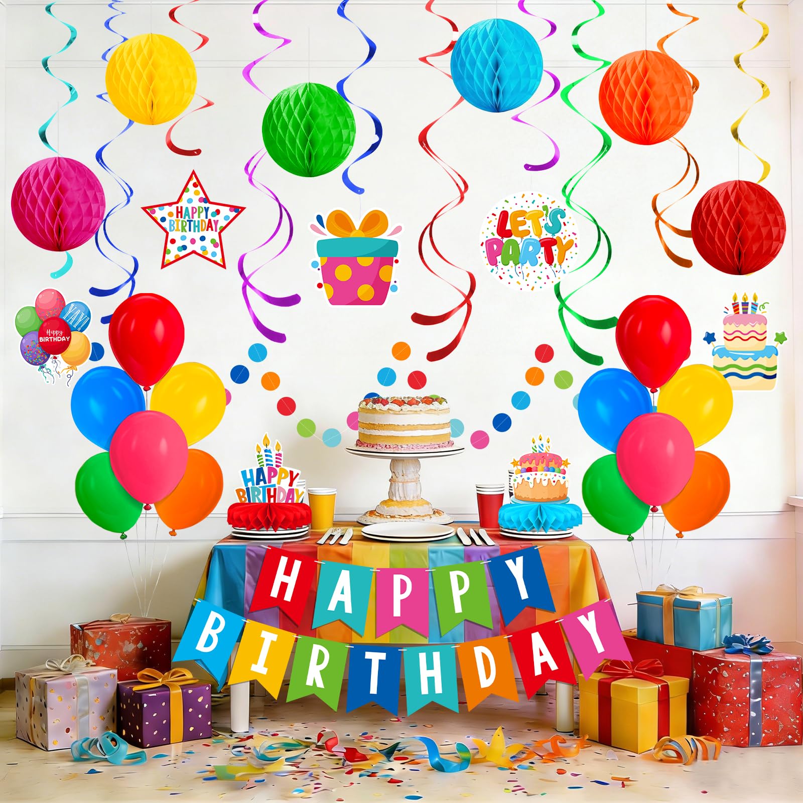 Happy Birthday Decorations Kit: Happy Birthday Banner,Birthday Circle Confetti Garland, Swirl Streamers, Honeycomb Balls, Birthday Balloons and Honeycomb Centerpiece for Kids' Birthday Party Supplies