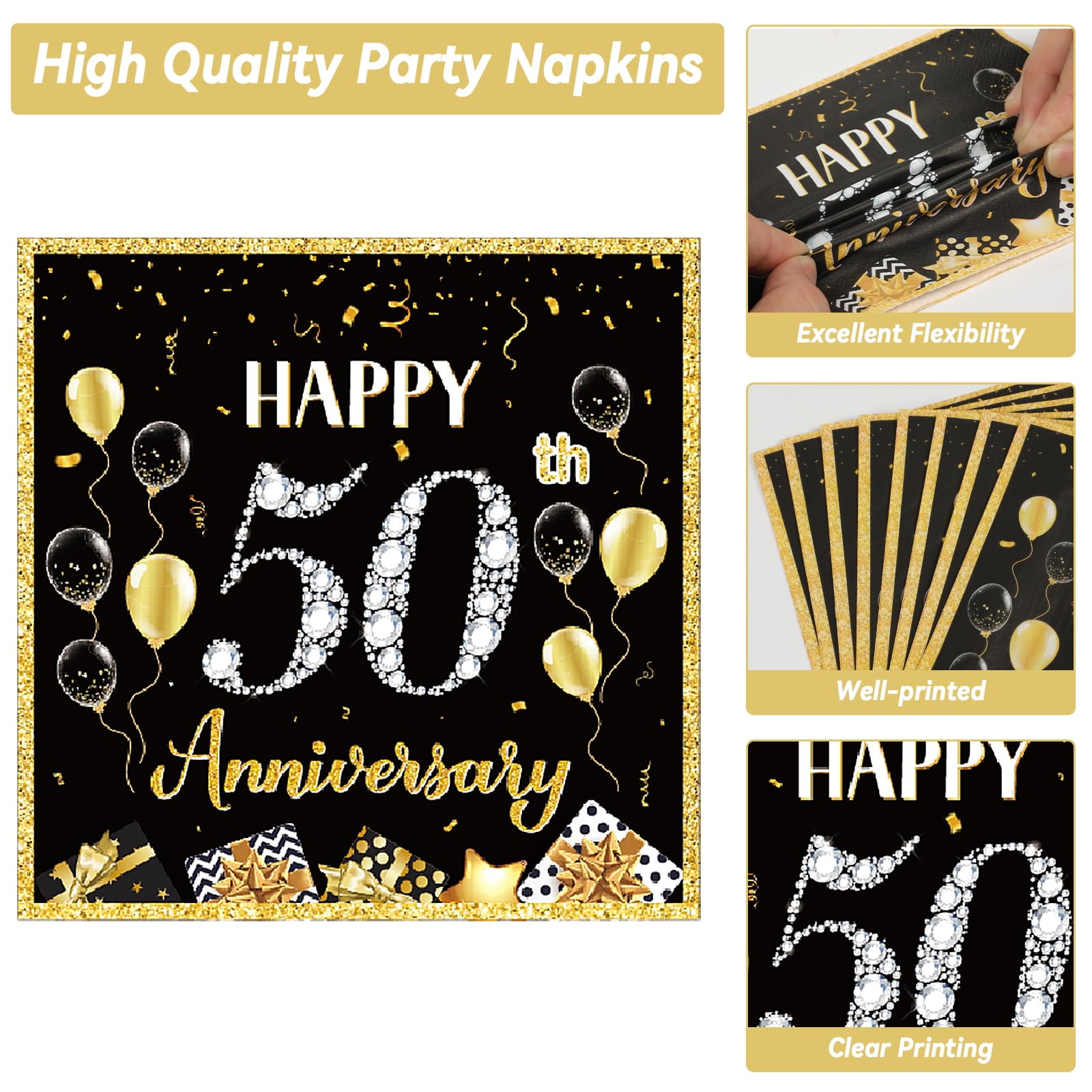 50 Guests 50th Anniversary Plates Napkins Party Supplies Employee Career Wedding Party Decoration Disposable Paper Cake Tableware Sets Party Dinnerware Favors Fiftieth Anniversary, 200PCS