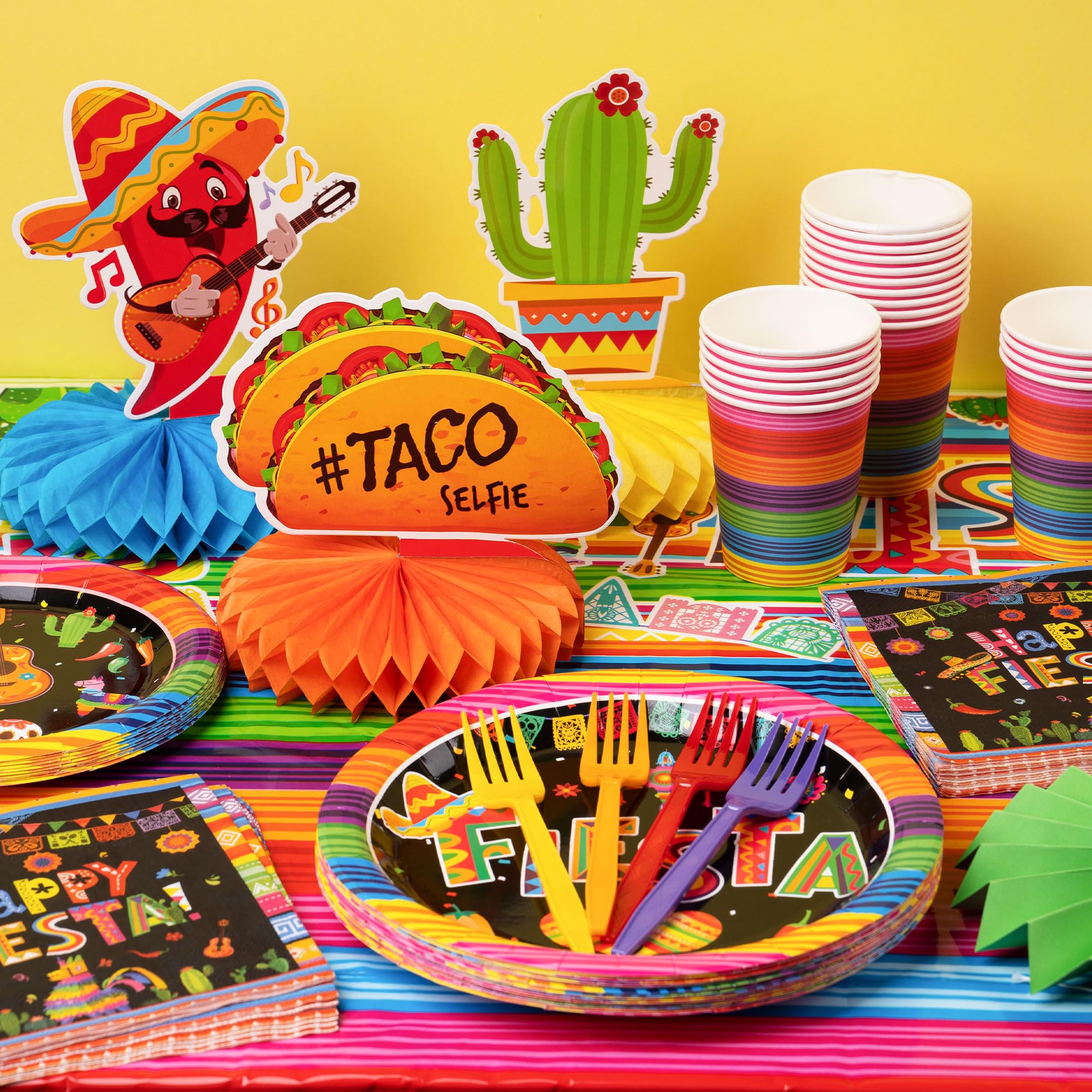 DMIGHT 101PCS Fiesta Party Supplies Set – Plates, Napkins, Fiesta Paper Fans, Banner, Tablecloth, Honeycomb Centerpieces – Perfect for Cinco de Mayo, Mexican Fiesta, and Fiesta Party Decorations