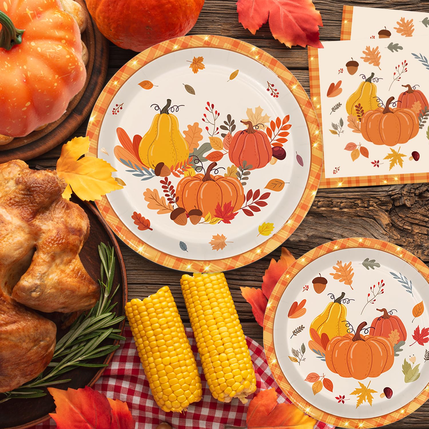 LINHAXM 168 PCS Thanksgiving Fall Party Supplies Autumn Pumpkin Tableware Set Includes Paper Plates, Napkins, Cups, Cutlery for Autumn Holiday Thanksgiving Harvest Party Decorations, Serve 24
