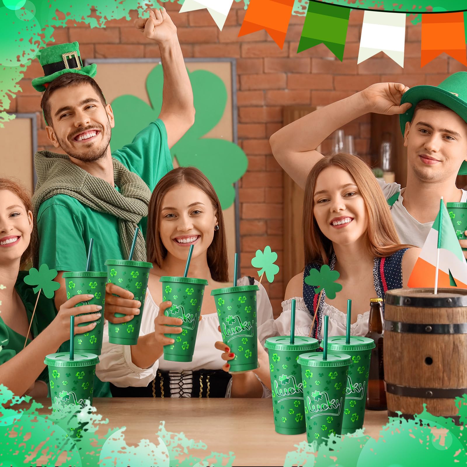 Potchen 12 Pcs St. Patrick's Plastic Cups 24 oz Irish Shamrock Reusable Tumbler with Lids and Straws Green Drinking Juice Cups for St. Patrick's Party Supplies