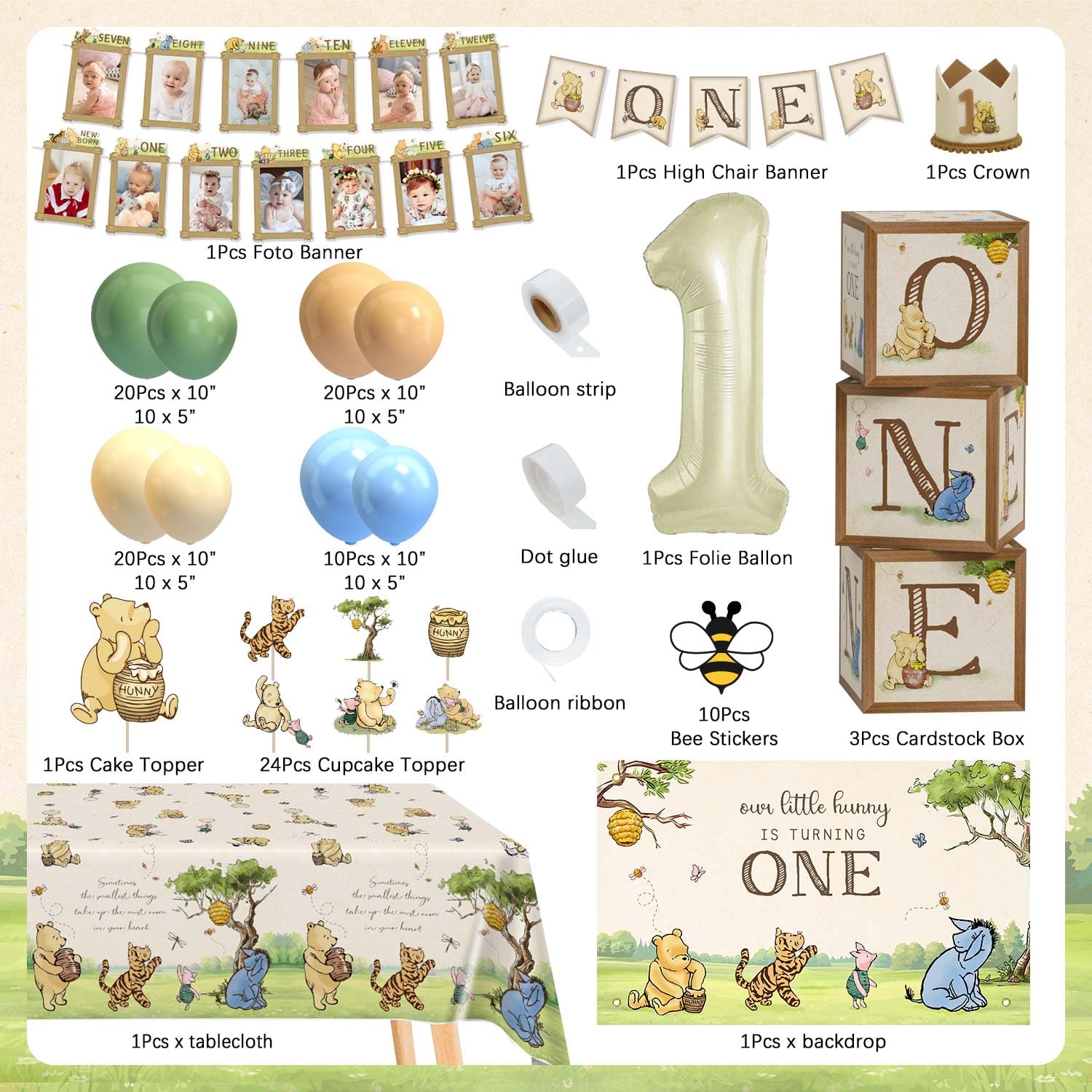 154pcs Winnie First Birthday Decorations Party Set, Classic Winnie Bear 1st Birthday Month Banner, High Chair Banner, ONE Box, Balloon Arch, Crown, Tablecloth, Backdrop, Cake Toppers and Stickers