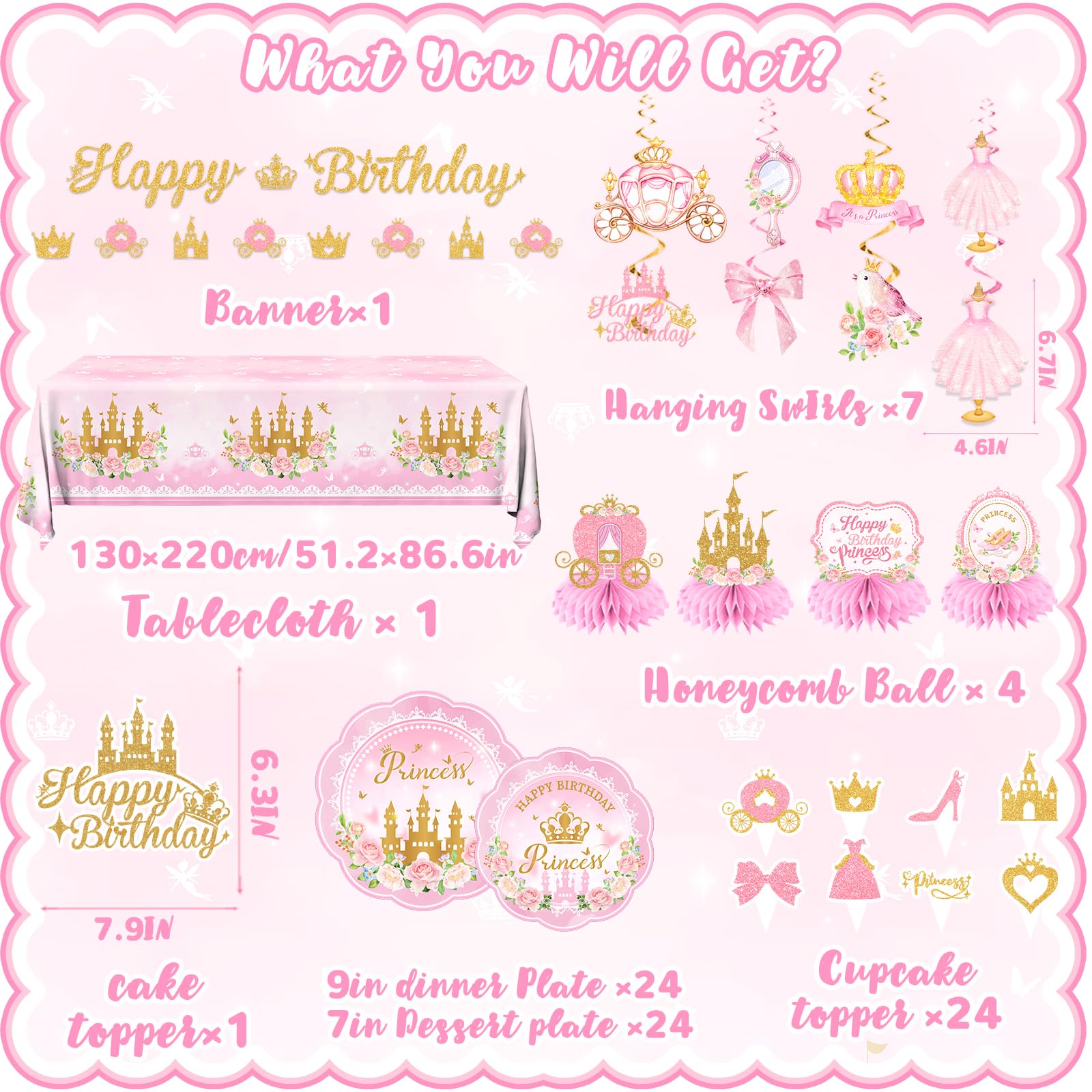 196Pcs Princess Birthday Party Decorations Serves 24,Pink Princess Birthday Themed Tableware Includes Scalloped Plates,Napkins,Tablecloth,Banner,Balloon,Cake Topper for Girls Princess Party Supplies