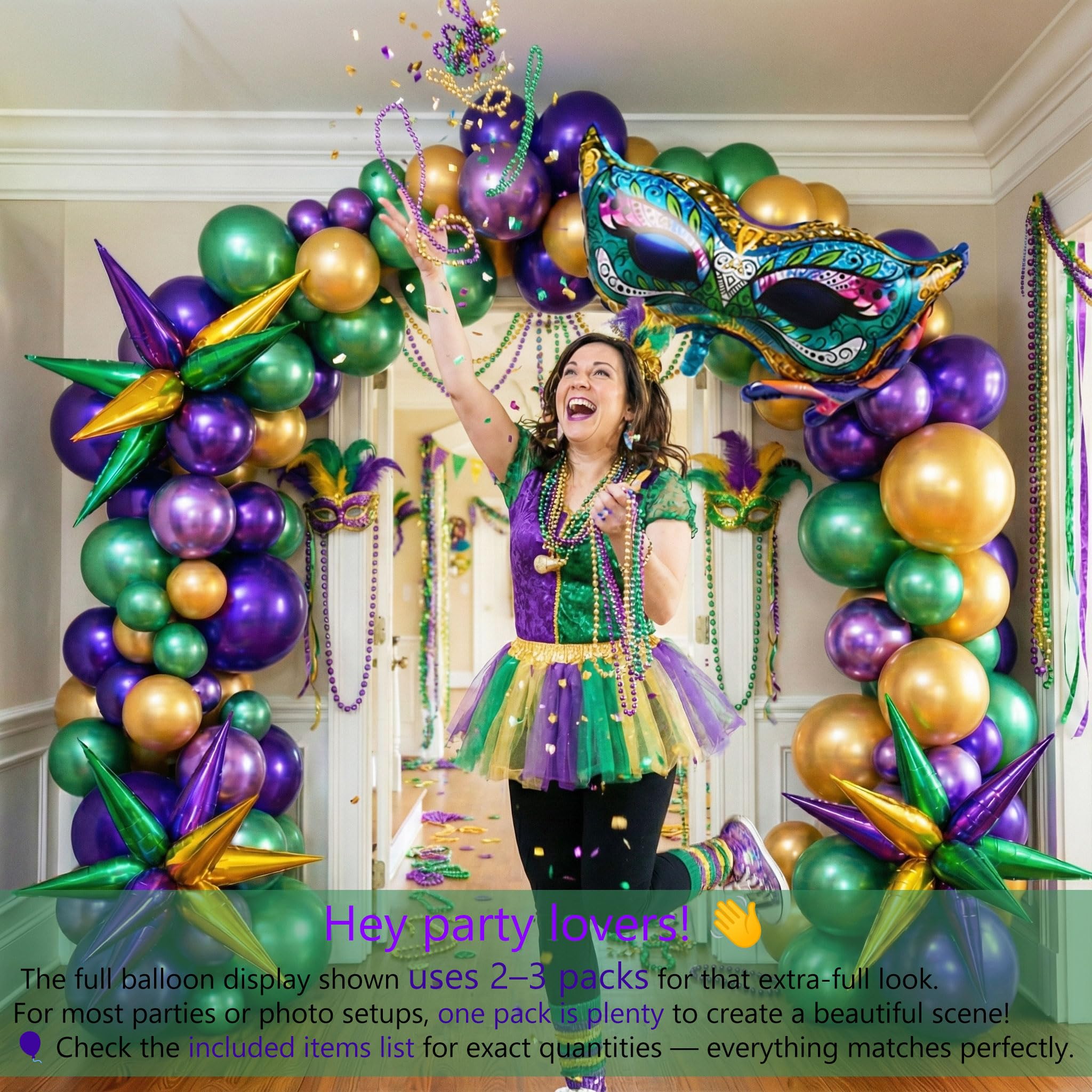 Mardi Gras Purple Green Gold Balloon Garland Arch Kit 101 Pcs with large mylar Star Mardi Mask foil Balloons for 2026 Birthday Masquerade fat Tuesday party Decorations