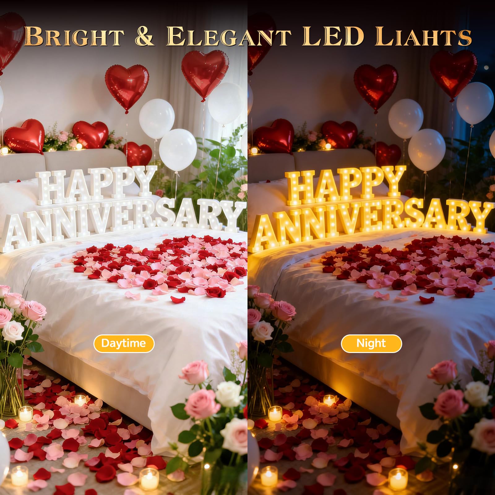 Peledic Happy Anniversary Decorations, Light up Letters Sign, with Rose Petals, Round Pearlescent Balloon, Aluminum Balloons, Light LED Neon, Table Decor for Valentine's Day Wedding Romantic Party