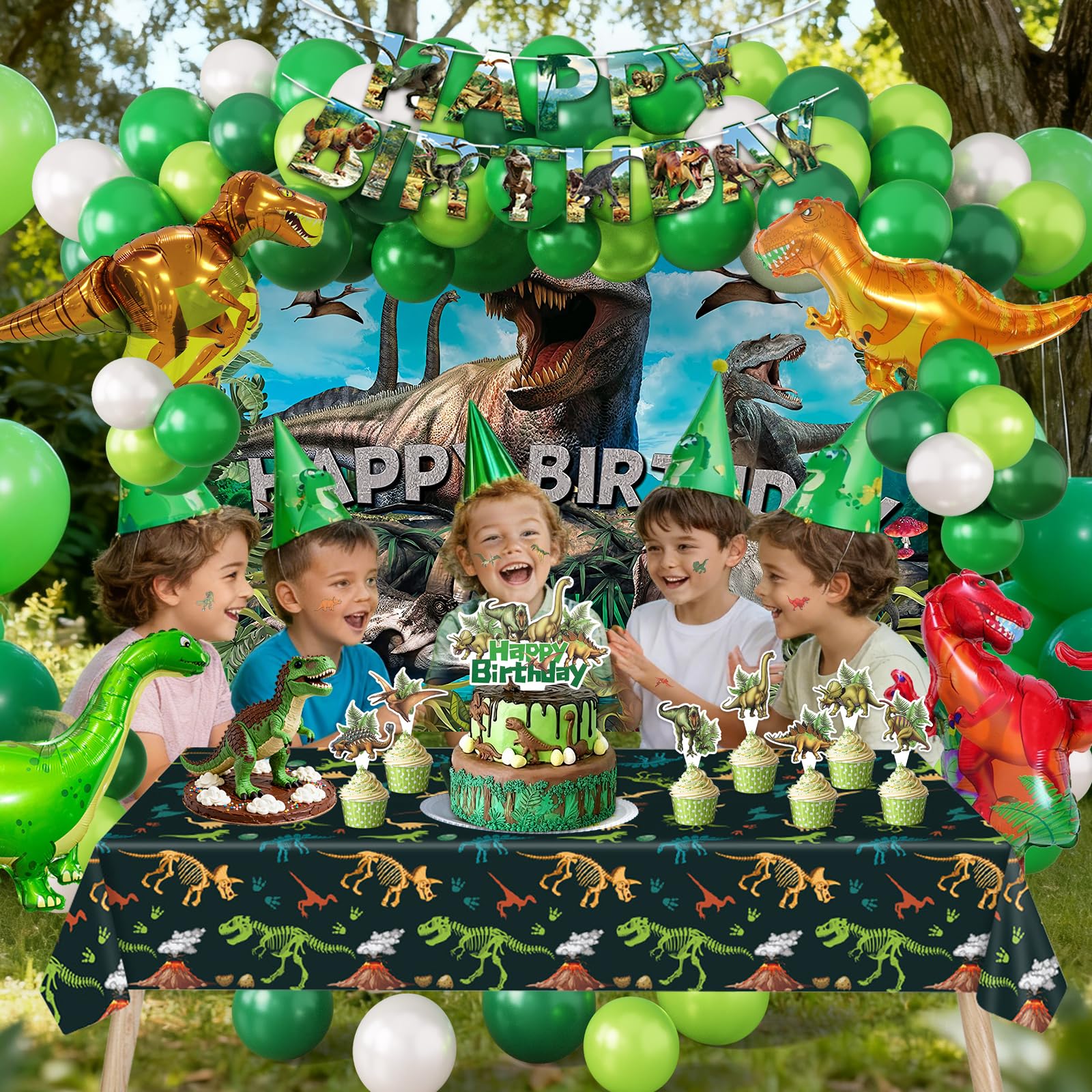 SPIGHTDEX Dinosaur Birthday Party Decorations Kit for Boys - Dino Party Supplies with Tablecloth, Banner, Backdrop, Cake Topper, Balloons & Stickers for Kids