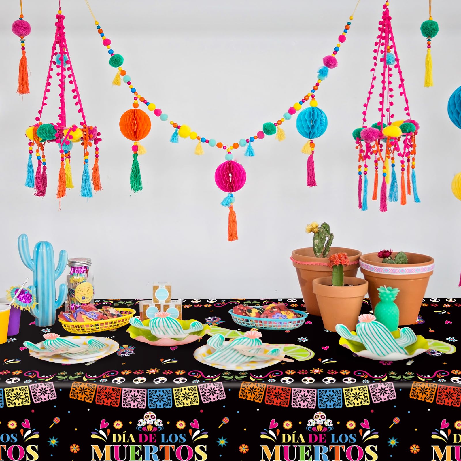 Gistome 3-Piece 54 x 108 Inch Day of the Dead Plastic Tablecloth – Colorful Sugar Skull Disposable Table Cover for Día de Los Muertos, Mexican Fiesta, and Halloween Party Decorations