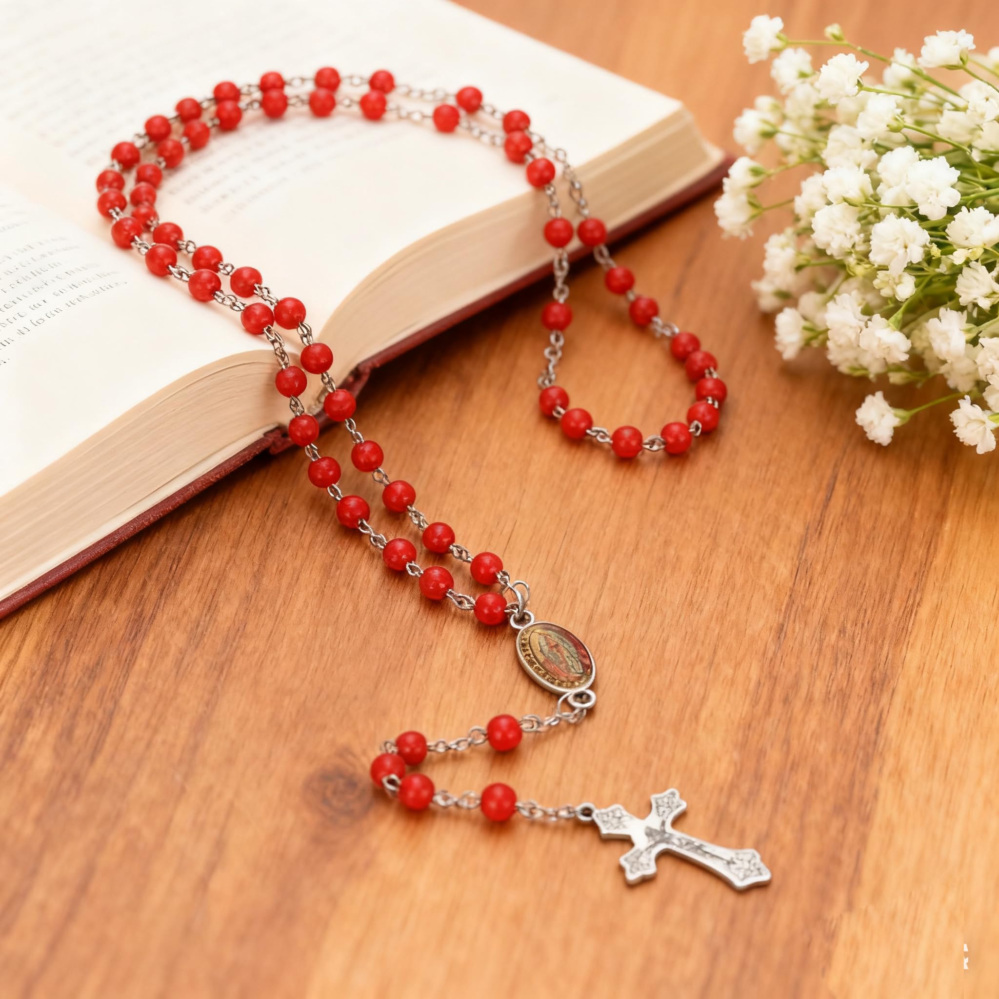 CAYOREPO 48 Pcs Scented Rosary Necklace Set with Gift Box – Wooden Bead Rosary with Crucifix for Women & Men, First Communion, Baptism, Party Favors (Red)