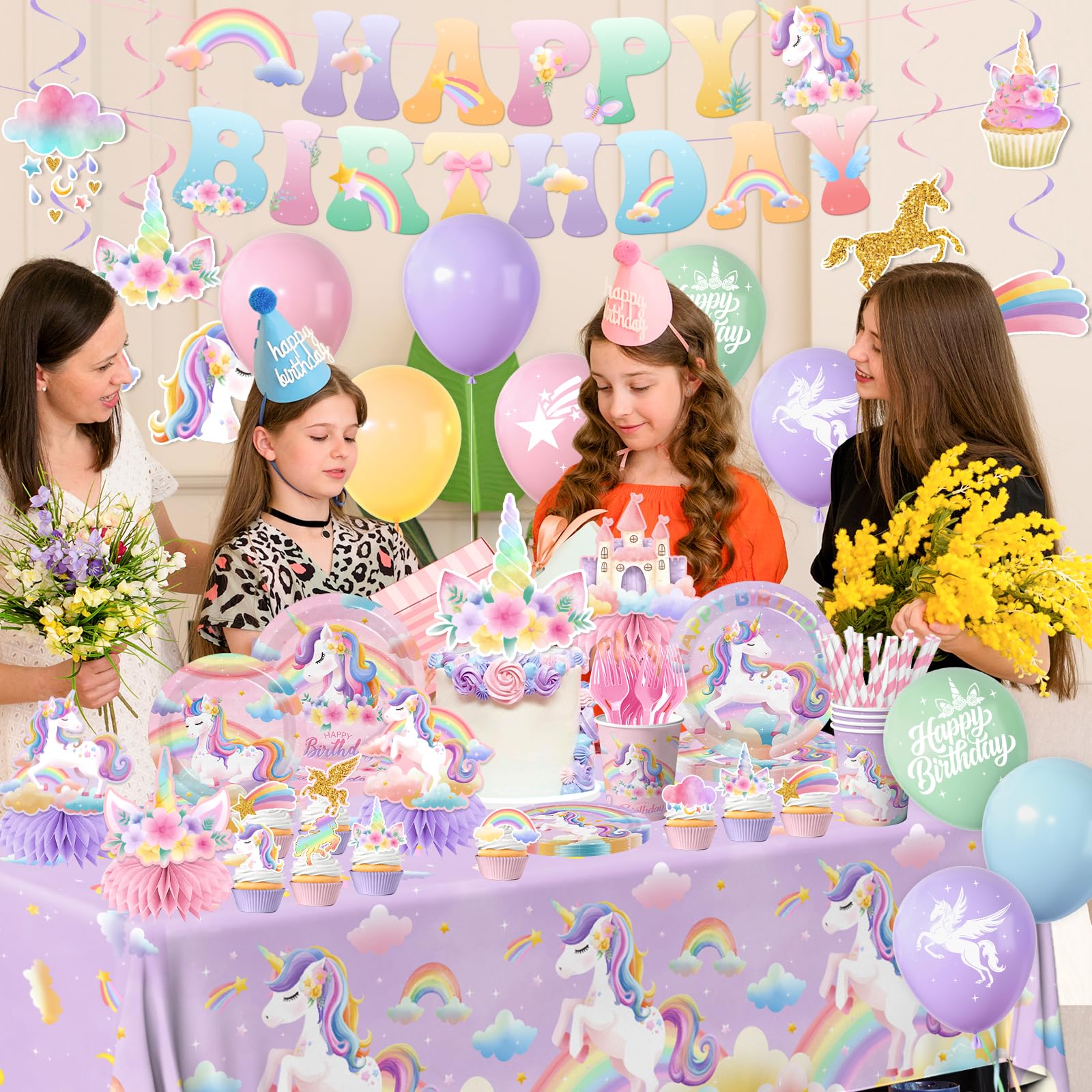 Unicorn Birthday Decorations,189pcs Unicorn Party Decorations Tableware Unicorns Plates and Napkins Cups Tablecloth Banner Hanging Swirls Cake Topper for Rainbow Girls Birthday Party Supplies,Serve 24