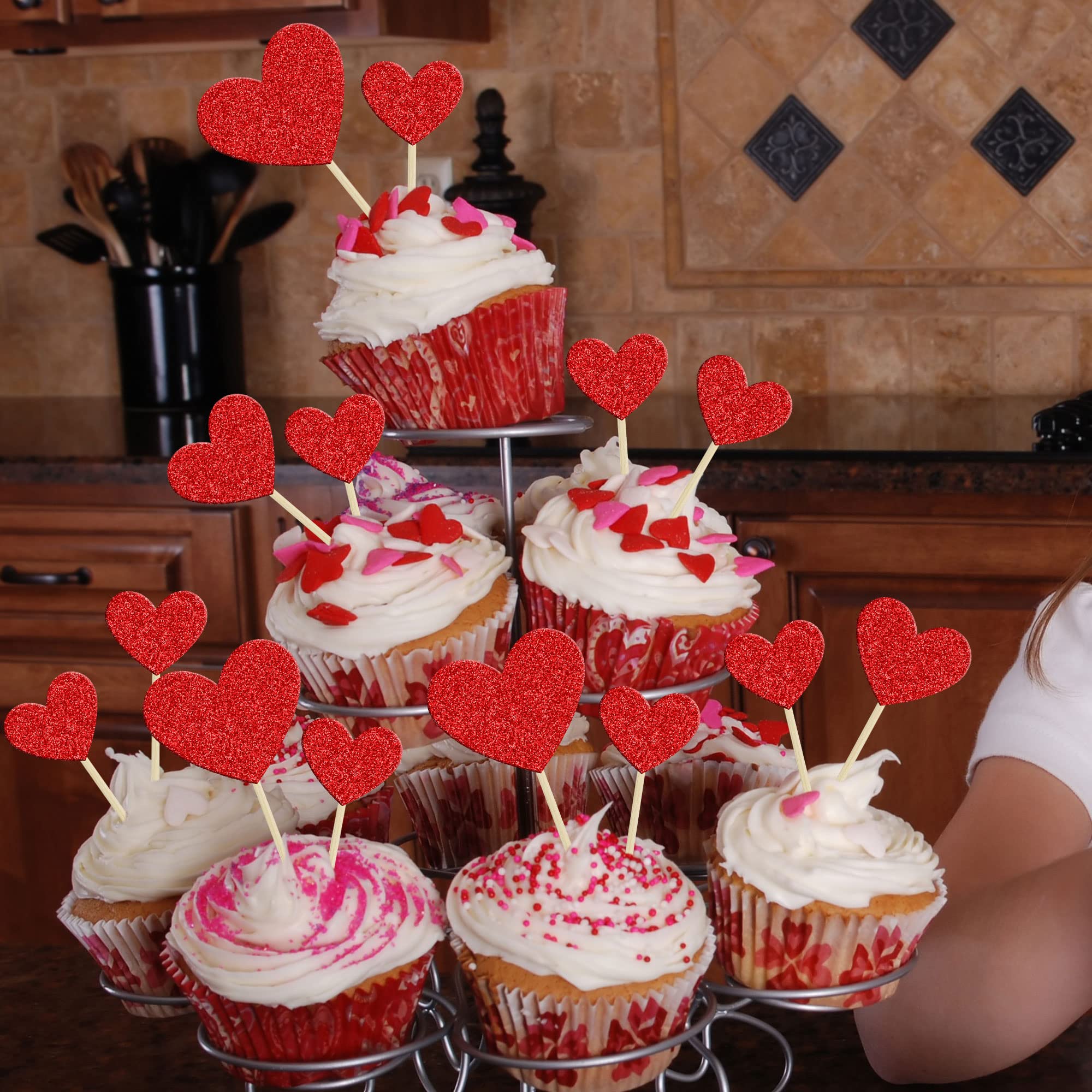Gyufise 30Pcs Heart Cupcake Toppers Red Glitter Sweet Love Heart Cupcake Pick Decorations Valentine's Day Cake Decorations for Wedding Engagement Bridal Shower Birthday Party Cake Decorations Supplies