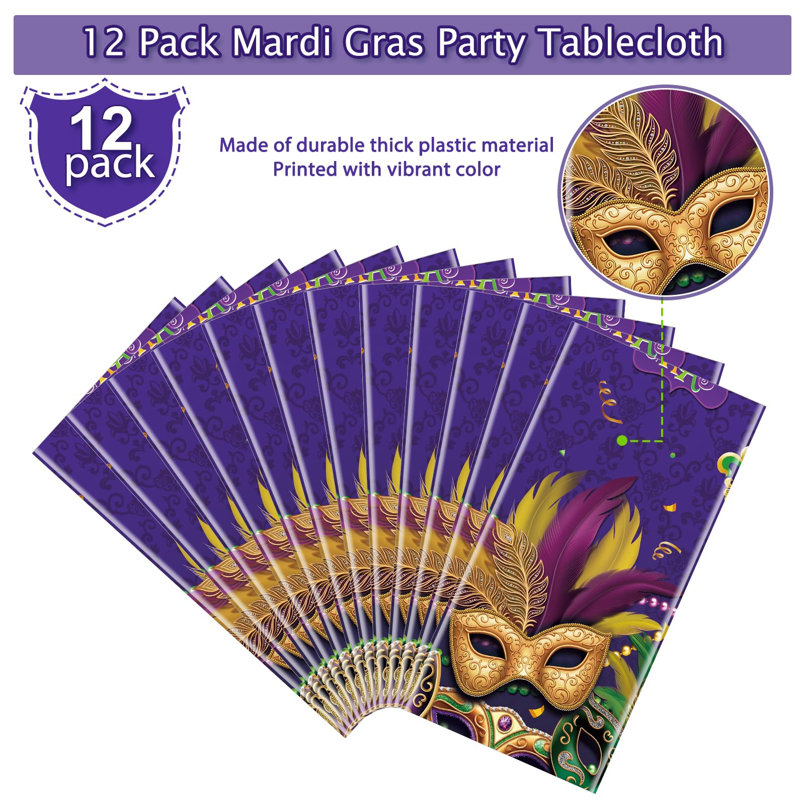 12 Pack Mardi Gras Tablecloth, Masquerade Dancing Party Tablecloth Decorations, Plastic Purple Table Cover Backdrop for Mardi Gras Carnival Party Supplies and Decors, 54 x 108 Inch