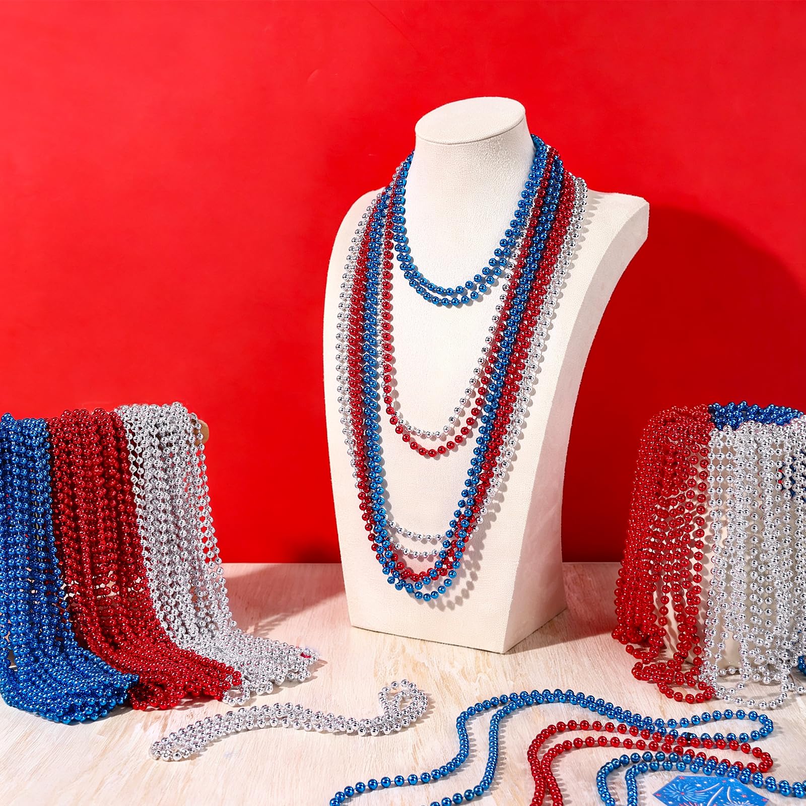 skaqwuan 300PCS 4th of July Accessories Patriotic Bead Necklaces, 33inch Red Blue Silver Necklaces Bulk, 4th of July Decorations for Parade Party Favors Veterans Day