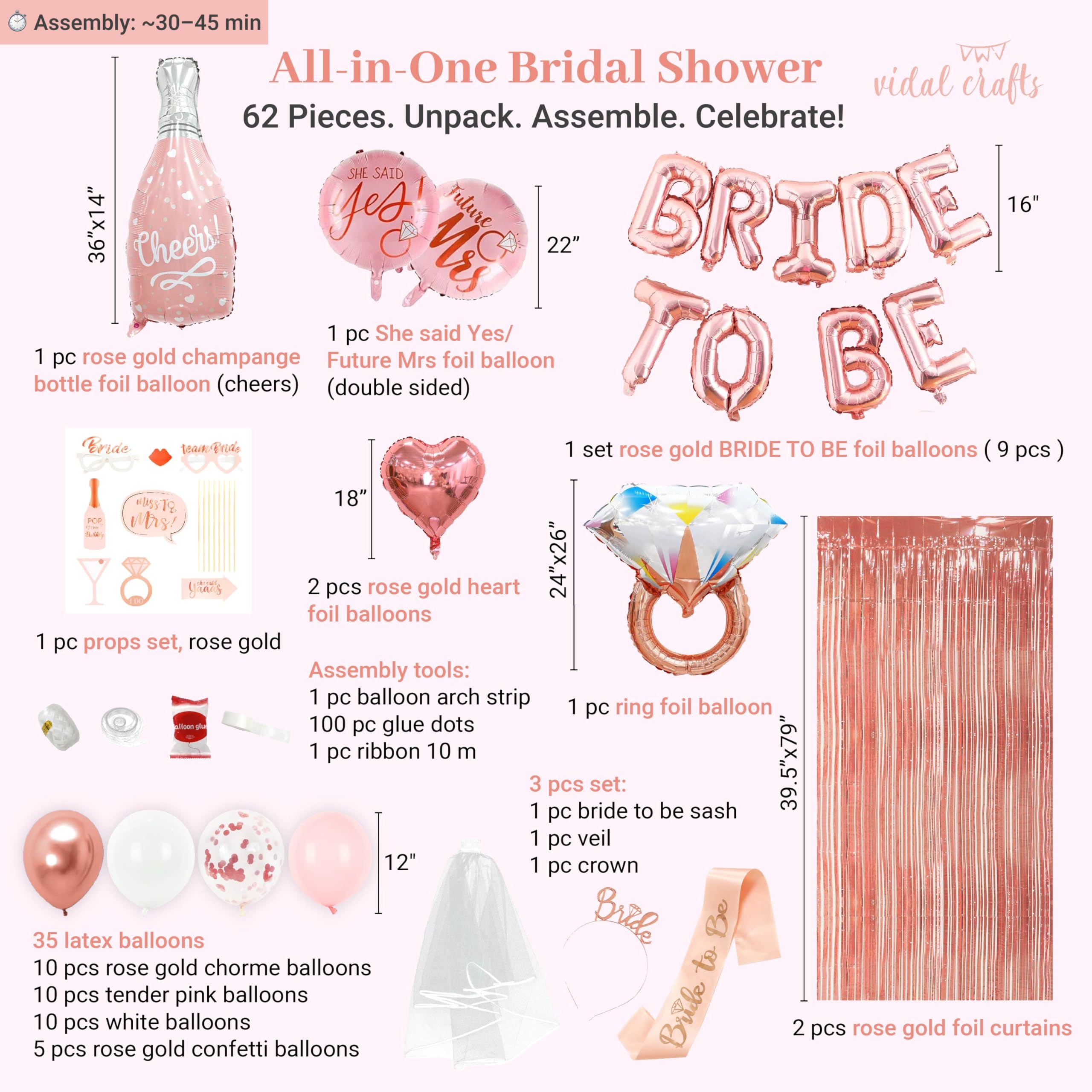 VIDAL CRAFTS Rose Gold Bridal Shower Decorations, 62-Piece Pink Bachelorette Party Decorations with Bride to Be Banner, Confetti Balloons, Bride Sash, Veil, Fringe Curtain & Photo Props