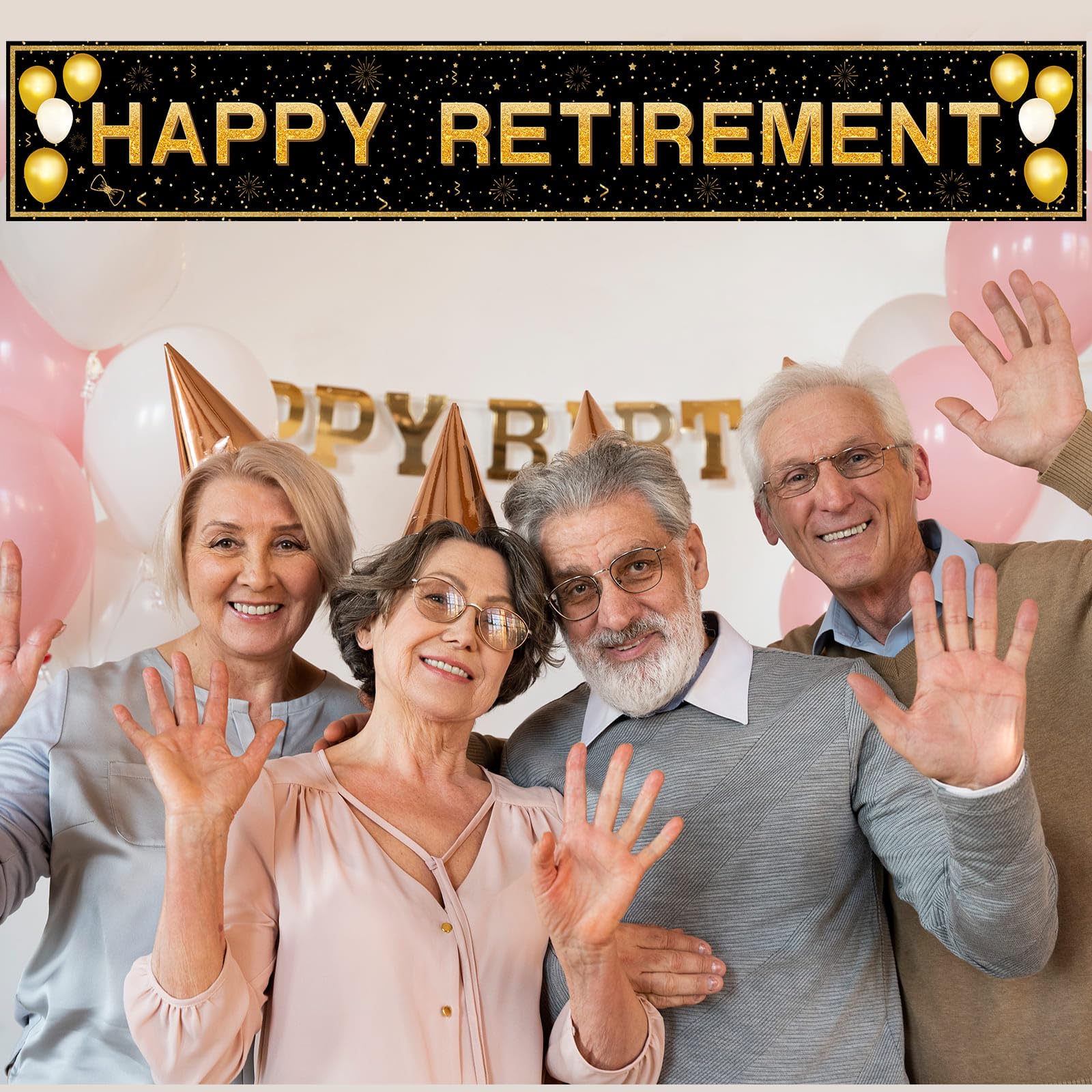 ANATANOWOR Retirement Party Decorations, Large Black and Gold Happy Retirement Banner, Retirement Party Decorations Men, Retirement Banner for Women (118" X 20")