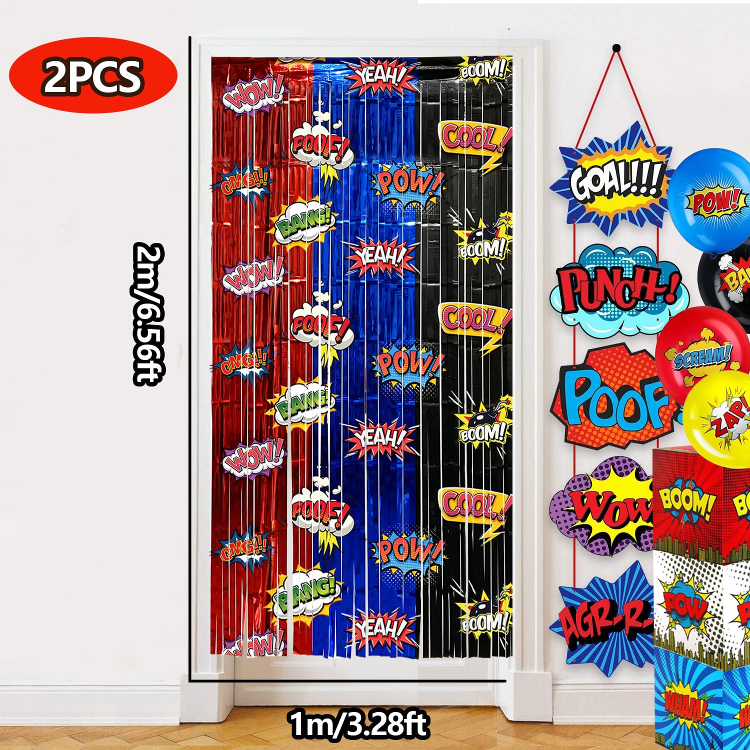 Hero Foil Fringe Curtains Backdrop Birthday Party Decorations, 2 Pack