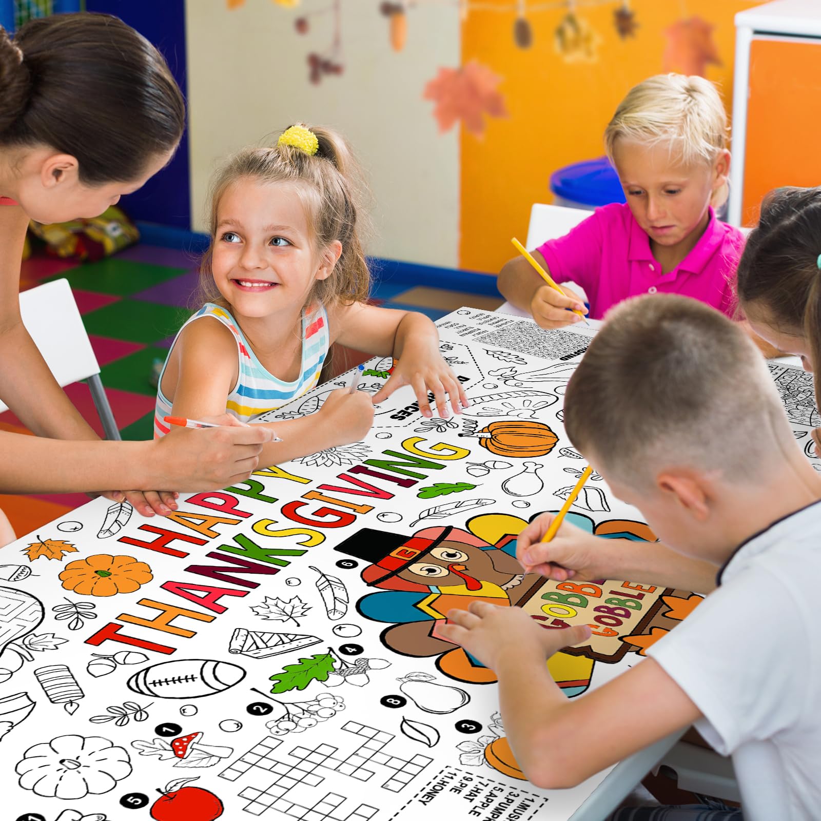 Family Fun Thanksgiving Activity Poster - 31.5 x 72 Inches, Turkey-Themed Thanksgiving Day Party, Versatile Paper Coloring Banner/Table Cover for Fall School Parties and Special Events Decoration