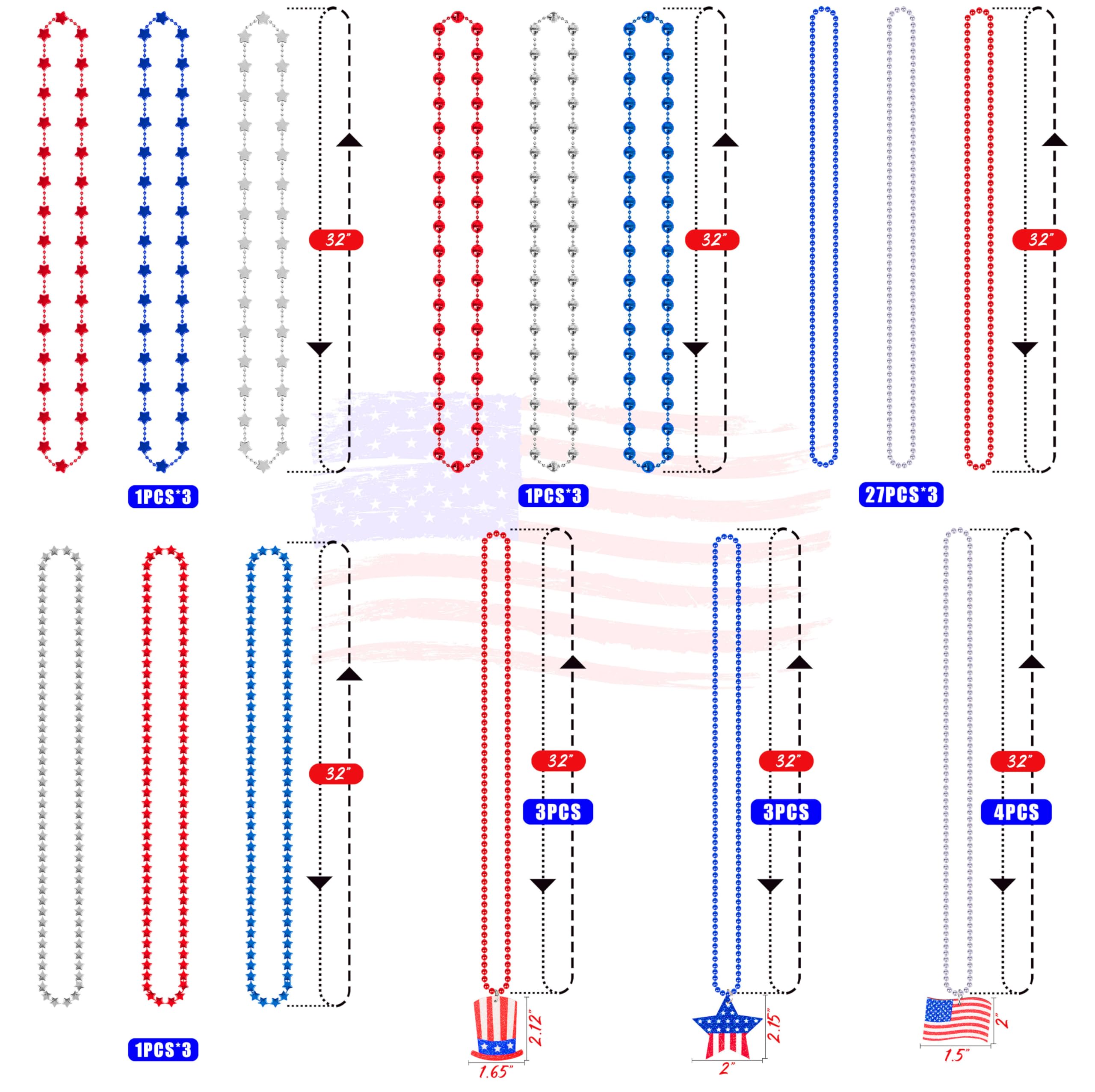 Moon Boat 100PCS 4th of July Accessories Necklaces: Blue White and Red Beads Bulk, Patriotic Party Independence Memorial Day Favors Toys Decorations