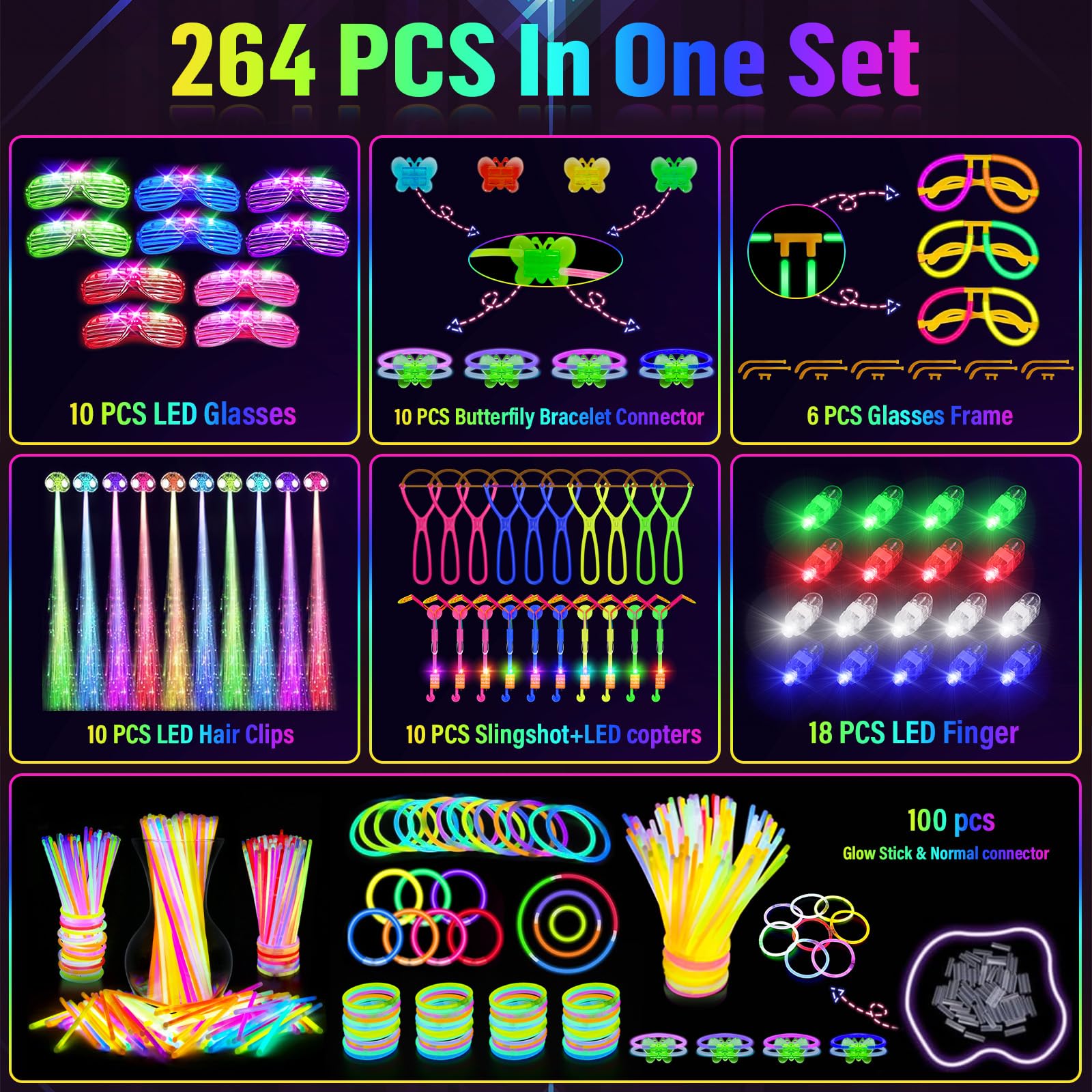 OLUPP Glow In The Dark Party Supplies, 264 PCS Light Up Favors with LED Glasses, Glow Sticks, Finger Lights, LED Hair Clips, Slingshot, Glasses Molds, Butterfly Bracelet for Neon,Raves, Halloween, NY