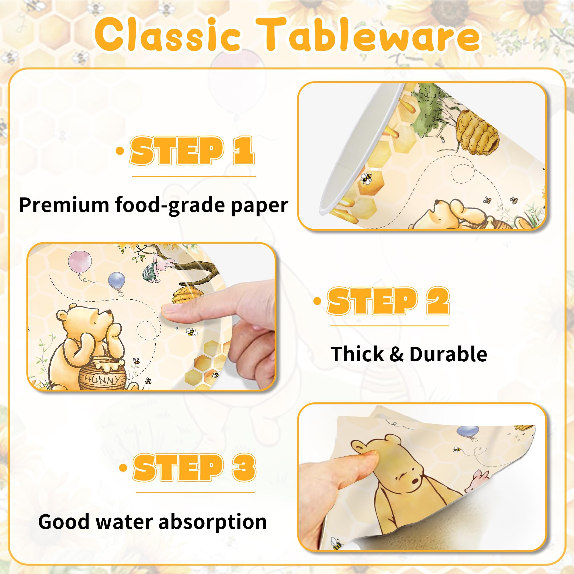 WISSLERMER 140pcs Classic Bear Baby Shower Decorations Baby Shower Party Tableware with Plates, Napkin, Forks, Cups for Birthday Party Supplies Set Serves 20 Guests (Yellow)
