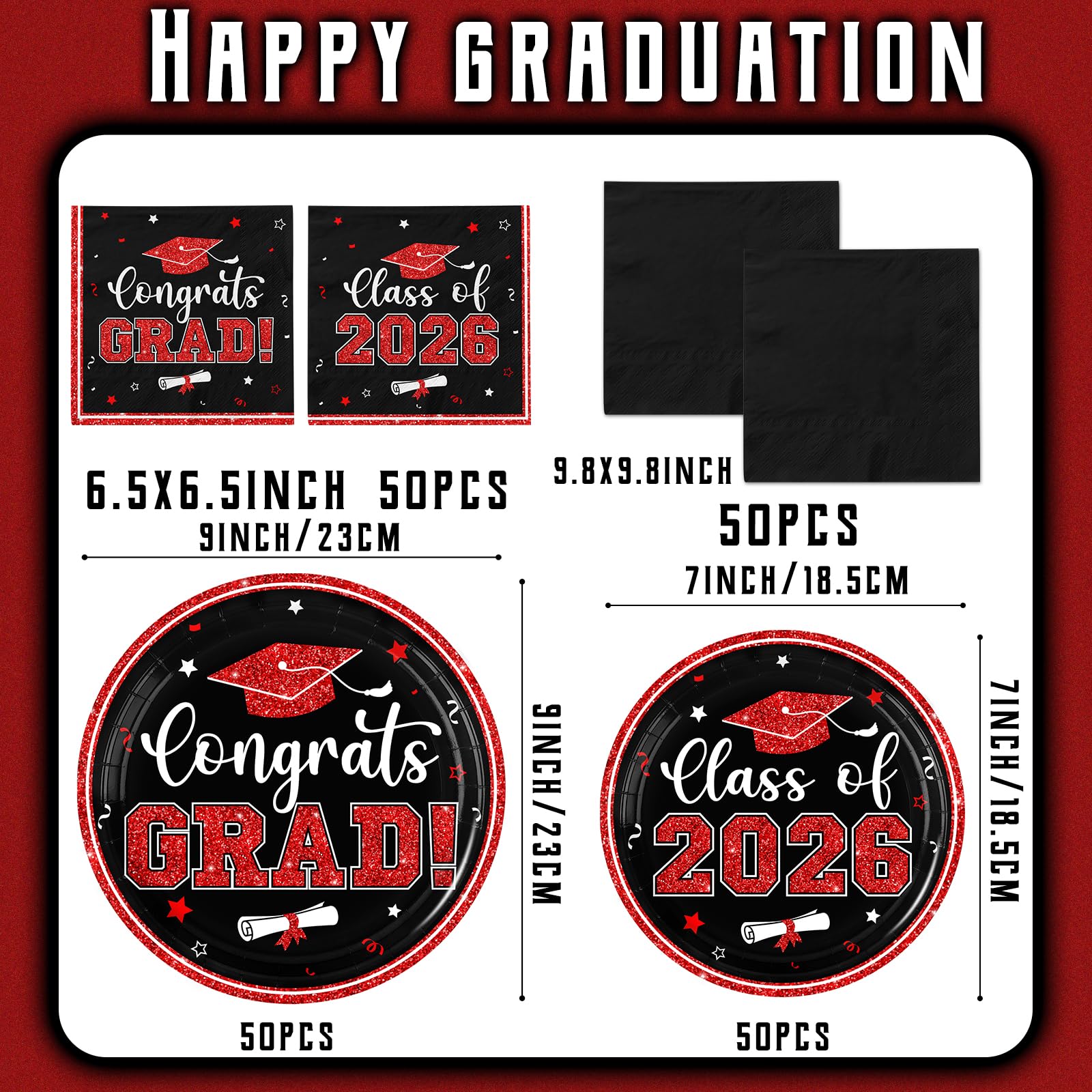 Graduation Plates and Napkins 2026,Red and Black Graduation Decorations 200pcs Graduation Paper Plates and Napkins Graduation Party Supplies for Graduation Party Decorations,Serve 50