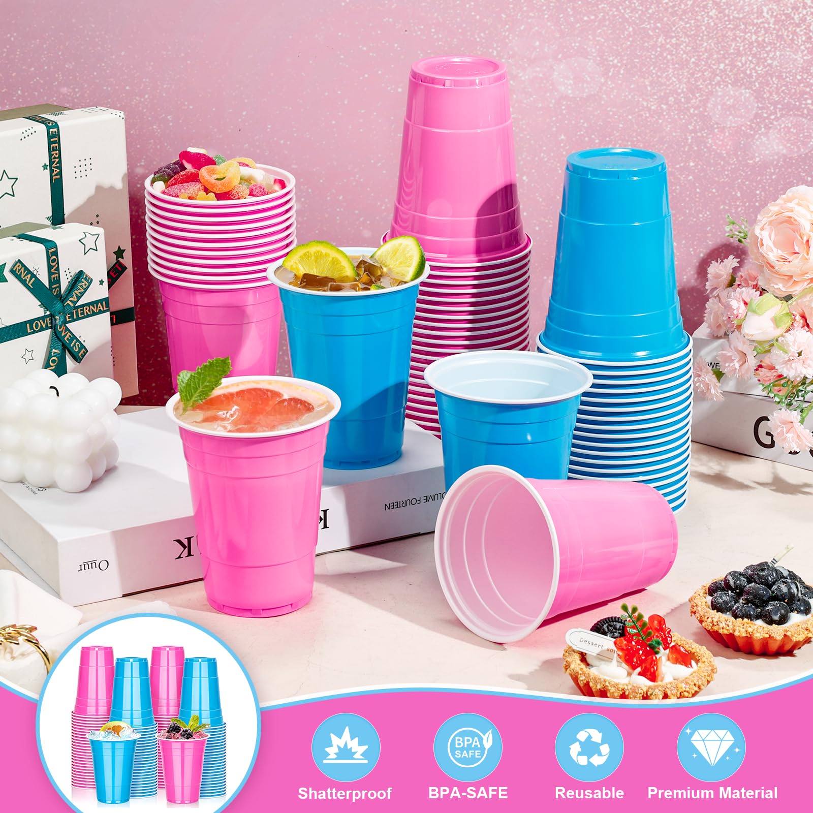 KesaPlan 100PCS 16oz Plastic Cups, Blue and Pink Cups Party Disposable Cups