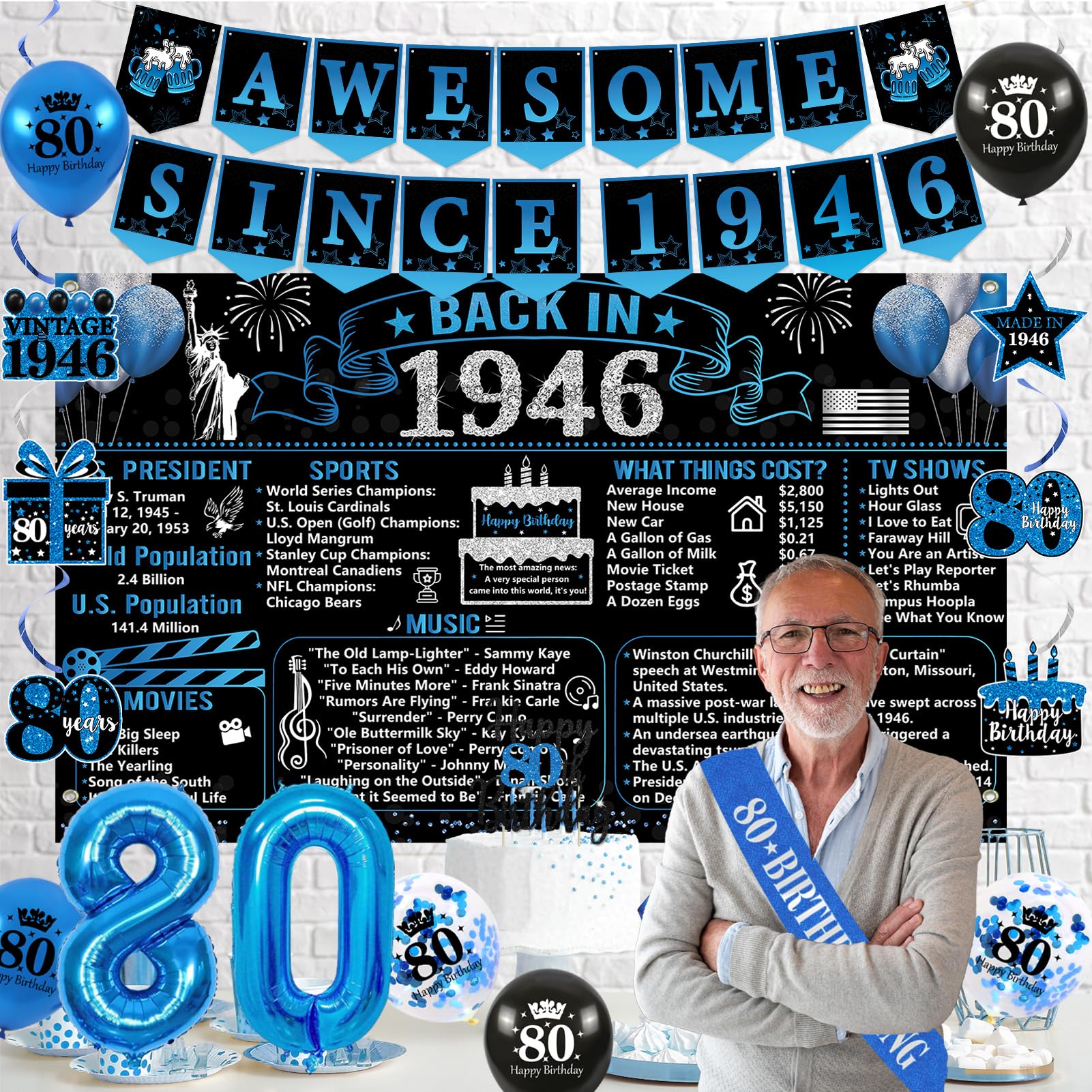 Trgowaul 80th Birthday Decorations for Men, Blue Back in 1946 Poster