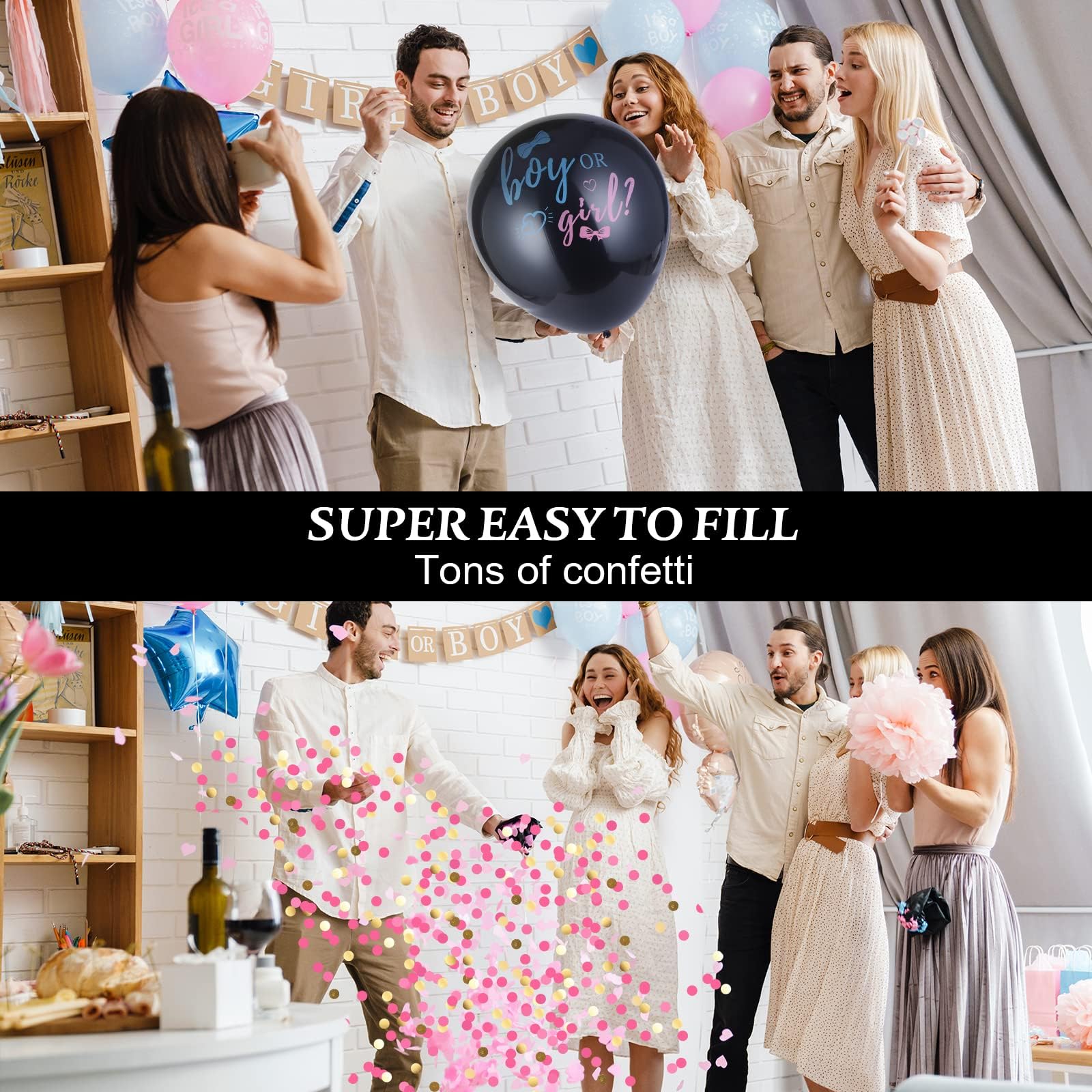 Disfore Thickened Gender Reveal Balloon - 2pcs Gender Reveal Confetti Balloons with Pink and Blue Confetti – 36 Inch Black Gender Reveal Balloons Perfect for Taking Photos and Videos