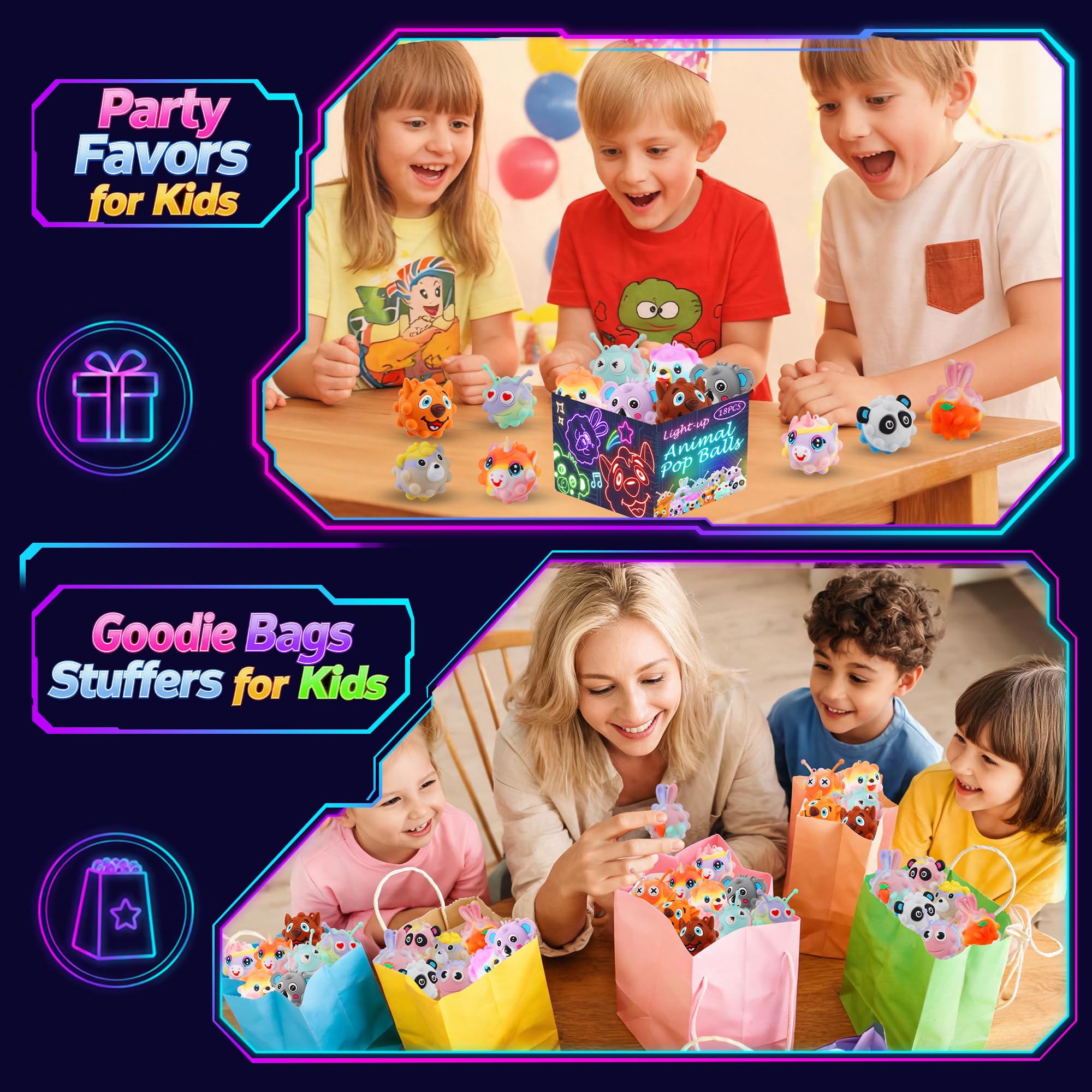 18 Pack Light Up Animal Pop Balls, Party Favors for Kids, Goodie Bag Stuffers, Treasure Box Prizes, Halloween Non-Candy Treats for Kids, Stocking Stuffers, Pinata Stuffers, Classroom Prizes