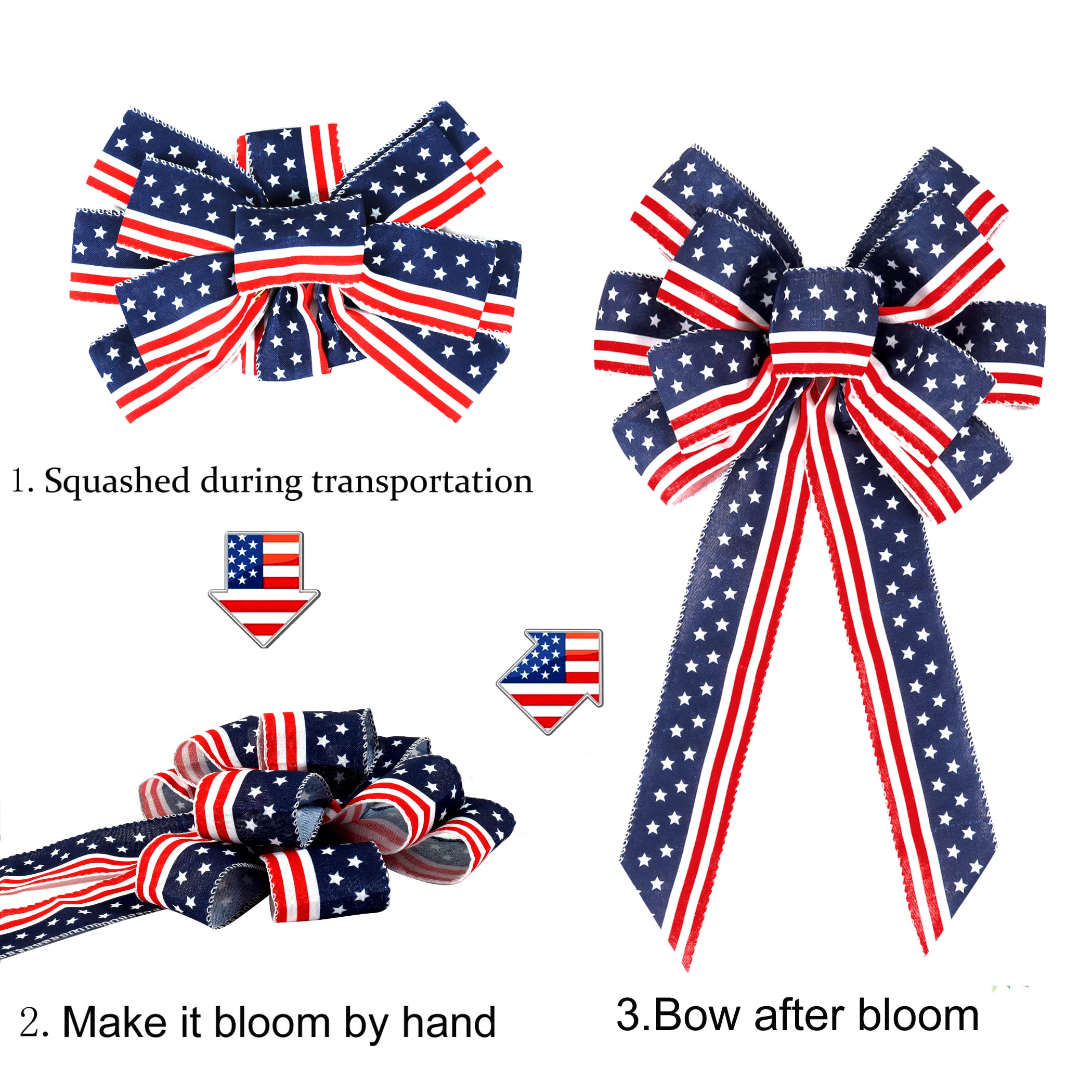2 Pack 4th of July Decor Bow for Wreath,Red White Blue Stripe Stars Tree Topper Bows for Patriotic,Independence Day,Memorial Day,Veteran's Day,Front Door Indoor Outdoor Decorations