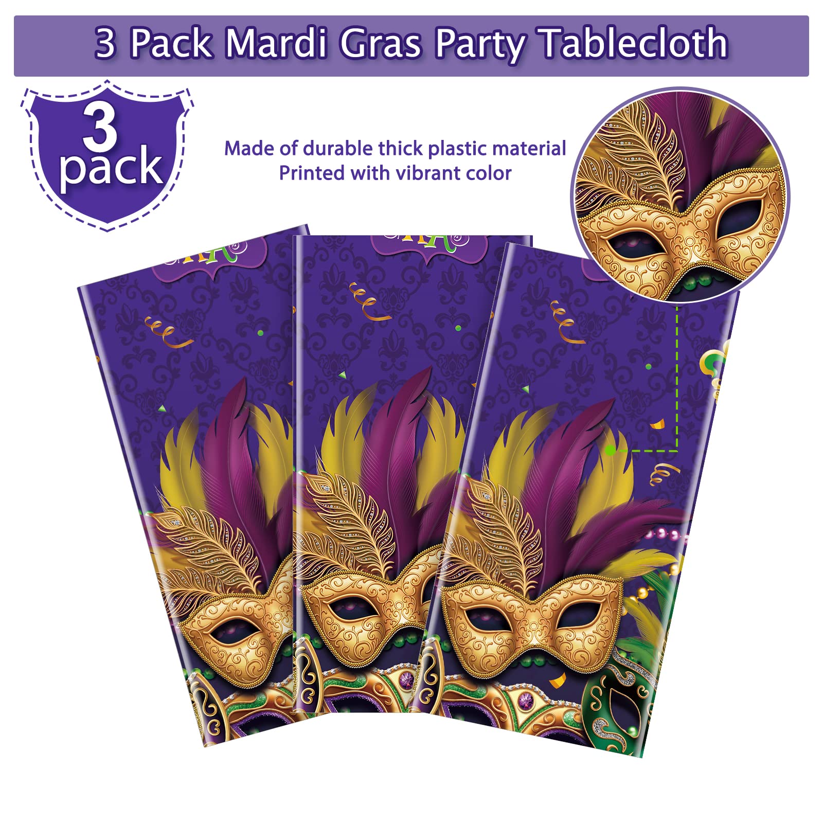 3 Pack Mardi Gras Tablecloths, Masquerade Dancing Table Decorations, Plastic Purple Table Cover Backdrop for Mardi Gras Carnival Party Supplies and Decors, 54 x 108 Inch