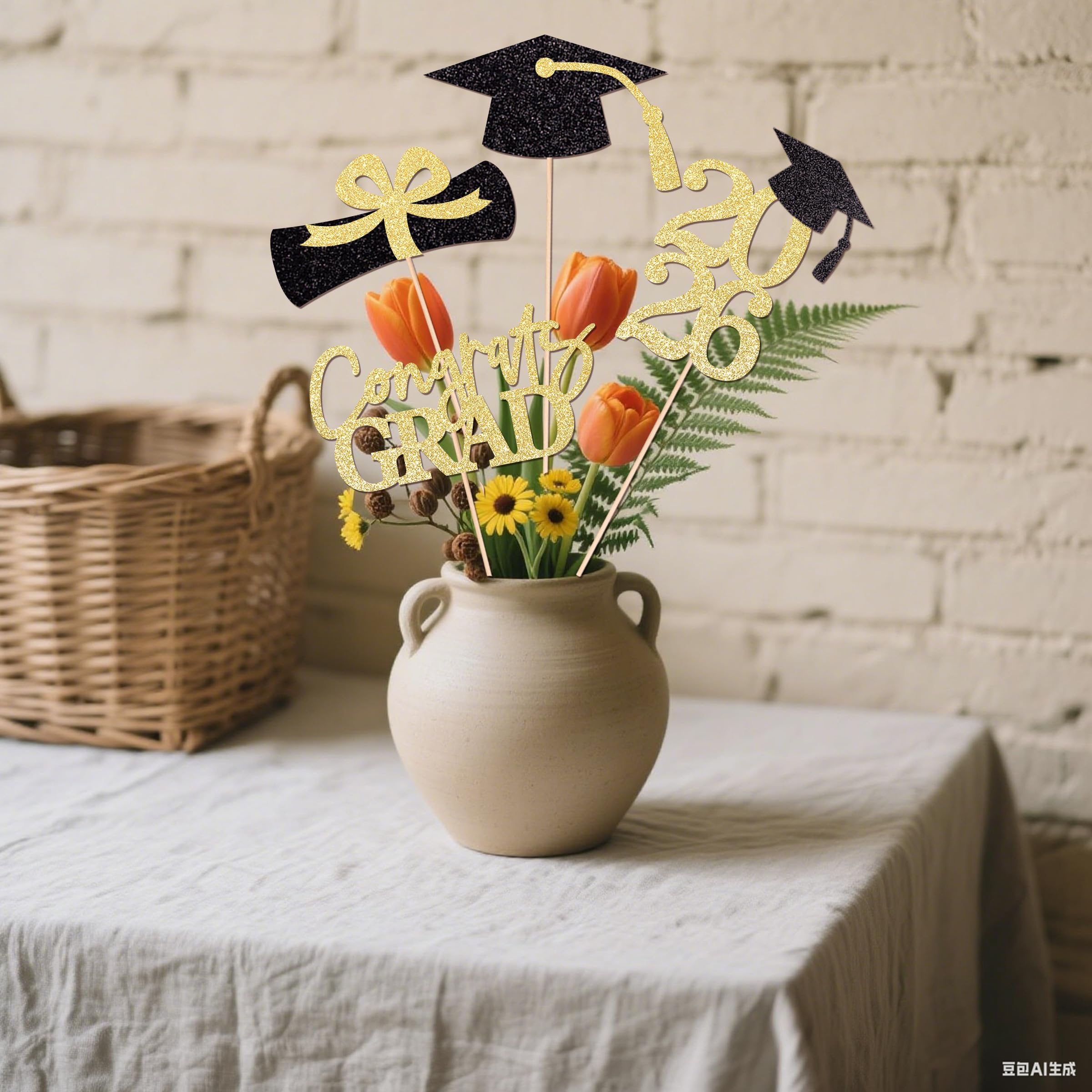 Graduation Decoration Class of 2026 Centerpieces for Table, 2026 Party Centerpieces Grad Cap Sticks Party Supplies, Graduation Party Decoration Toppeers (16 PCS, Gold & Black, Set of 4)