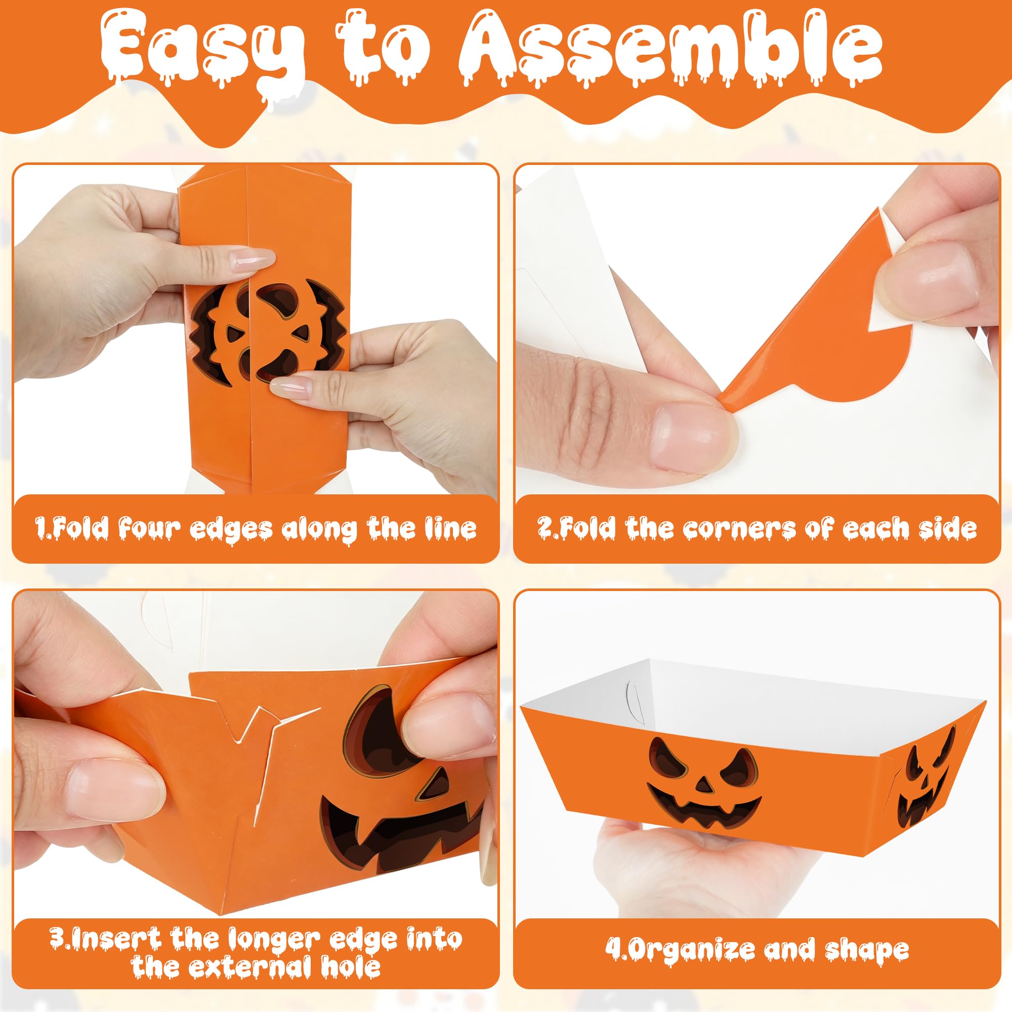 50 PCS Halloween Decorations, Fold-to-Assemble Halloween Paper Food Trays