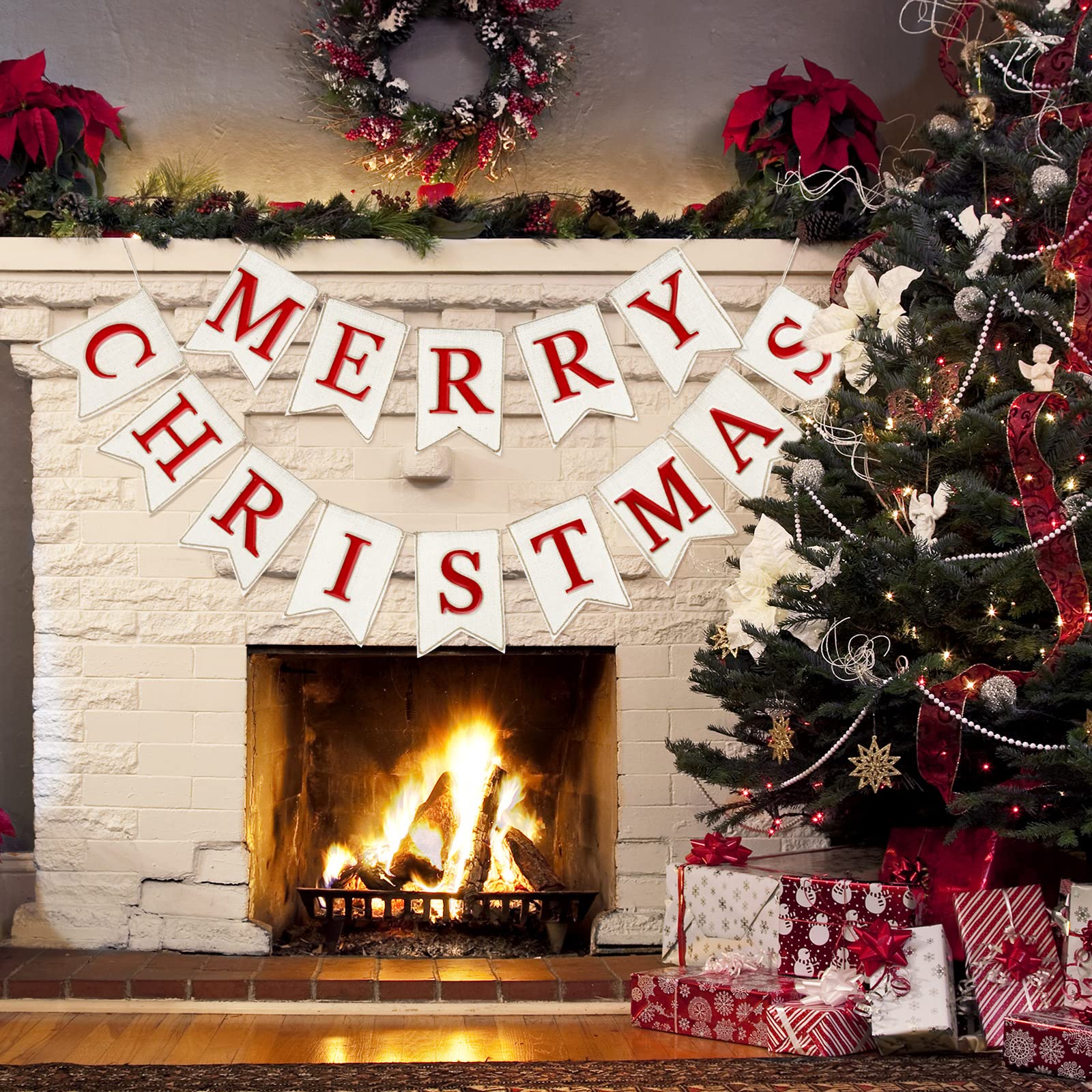 Whaline Christmas Burlap Banner Felt Merry Christmas Banner Pre-Assembled White Red Xmas Bunting Garland Celebration Hanging Decorations for Christmas Party Supplies Home Decoration