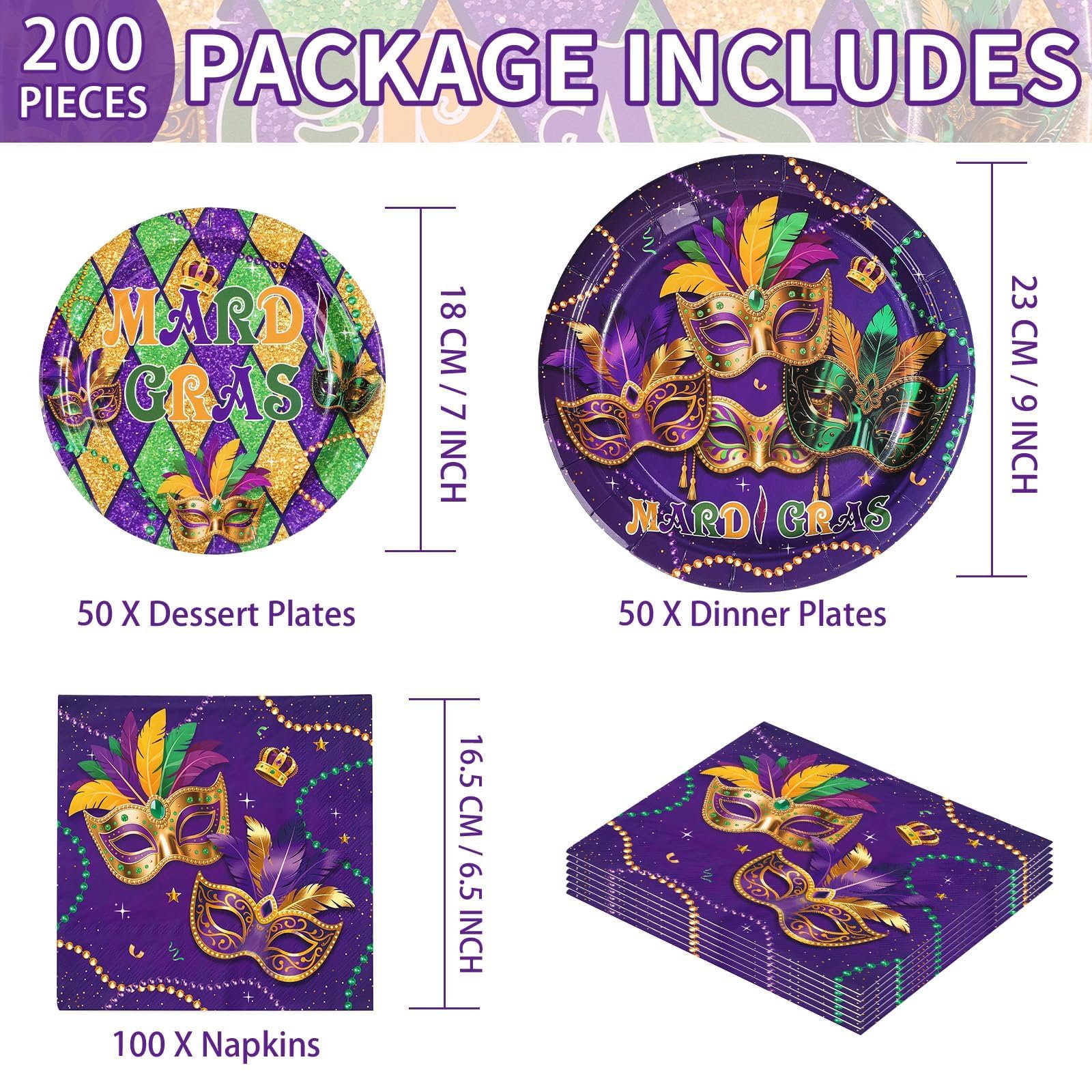 Greencian 200 Pcs Mardi Gras Party Supplies Masquerade Mask Paper Plates and Napkins Disposable Carnival Masquerade Tableware Set for Mardi Gras Birthday New Orleans Decorations Serves 50