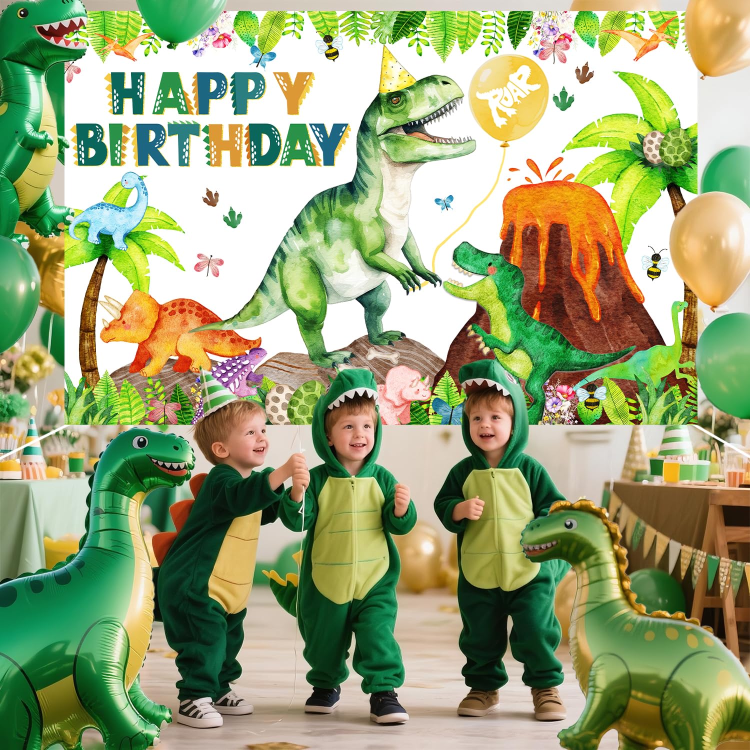 Dinosaur Birthday Backdrop Banner Roar Dino Happy Birthday Jungle Leaves T-rex Dinosaur Photography Background for Boy Girl 1st 2nd 3rd 4th 10th Bday Party Supplies Decor (Green Happy Bday Generic)