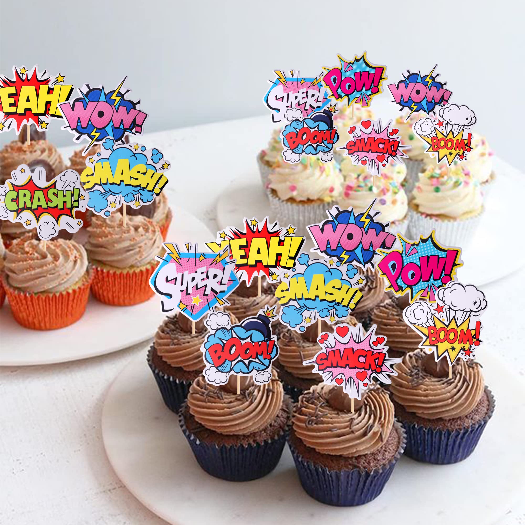 36 PCS Super Hero Boom Cupcake Toppers Smash Crash Pow Cupcake Picks for Celebrating Hero Theme Baby Shower Kids Birthday Party Cake Decorations Supplies