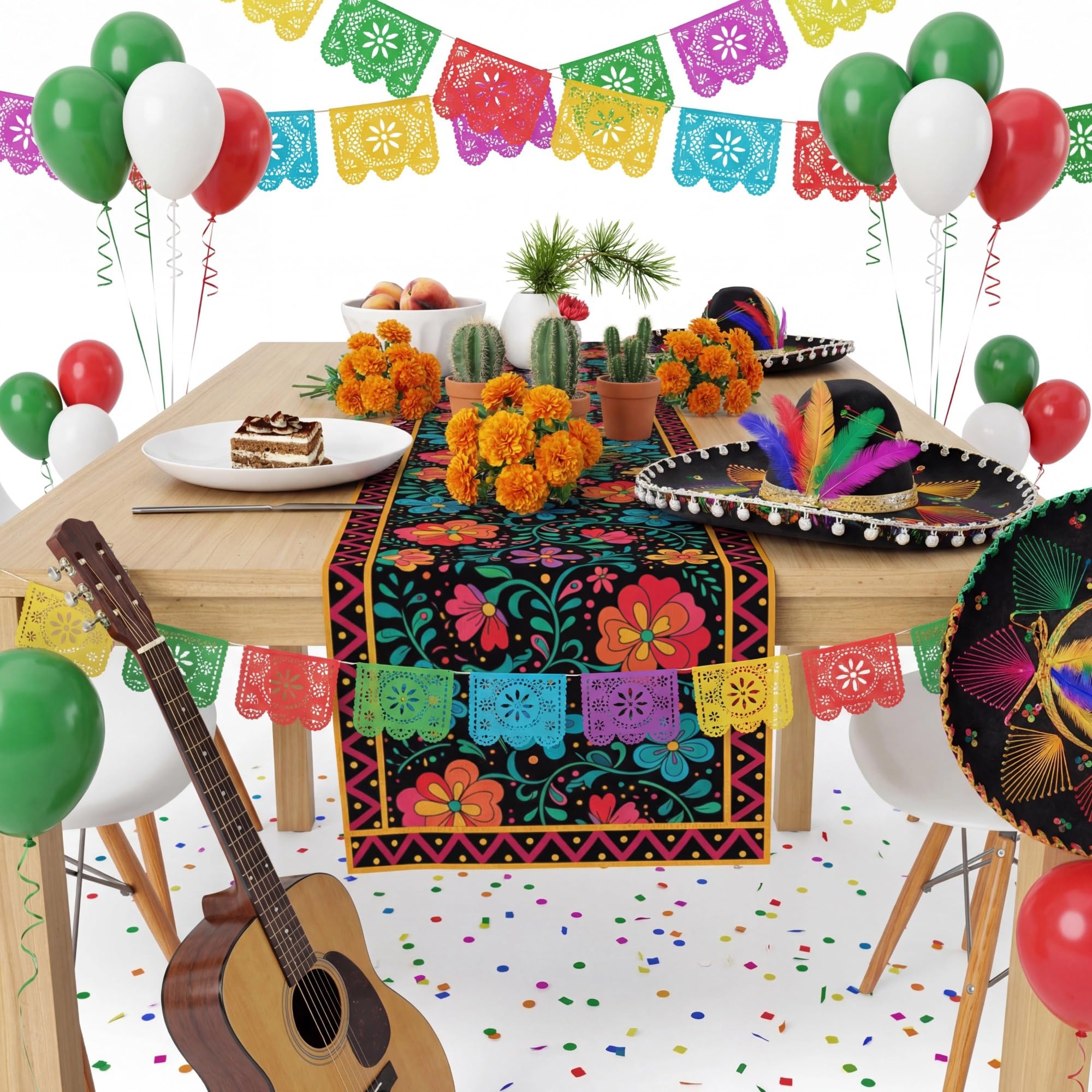 Mexican Fiesta Table Runner - Cinco De Mayo Decorations for Fiesta Party Decorations | Dia De Los Muertos Decorations Cinco De Mayo Rustic Linen Home Dining Room Kitchen Table Decor