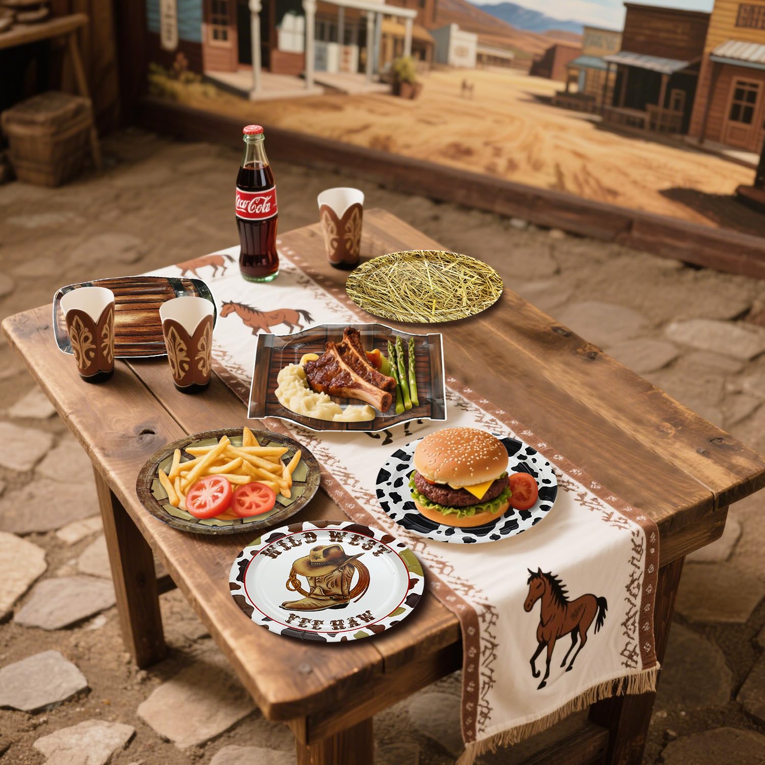 APUXXJUPA 60 Pcs Western Cowboy Party Plates, 9'' Wild West Theme Print Plates for Cowboy Baby Shower Decorations Western Party Decorations