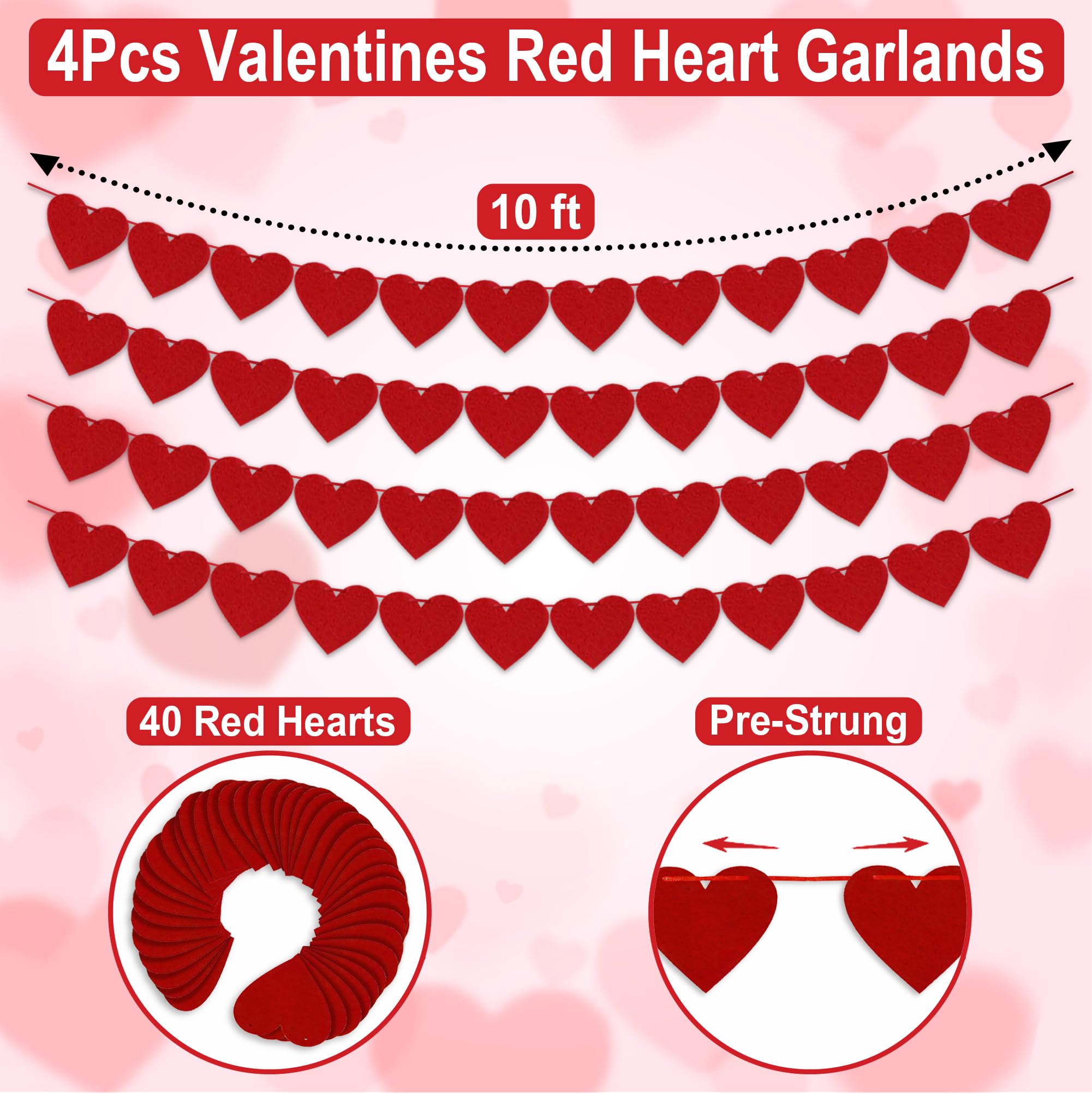4Pcs Valentines Day Decorations Red Felt Heart Garland Banner, Pre-Strung, 48 Hearts Valentines Banner for Outdoor Indoor Home Valentines Day Decor NO DIY Galentines Day Anniversary Wedding Decoration