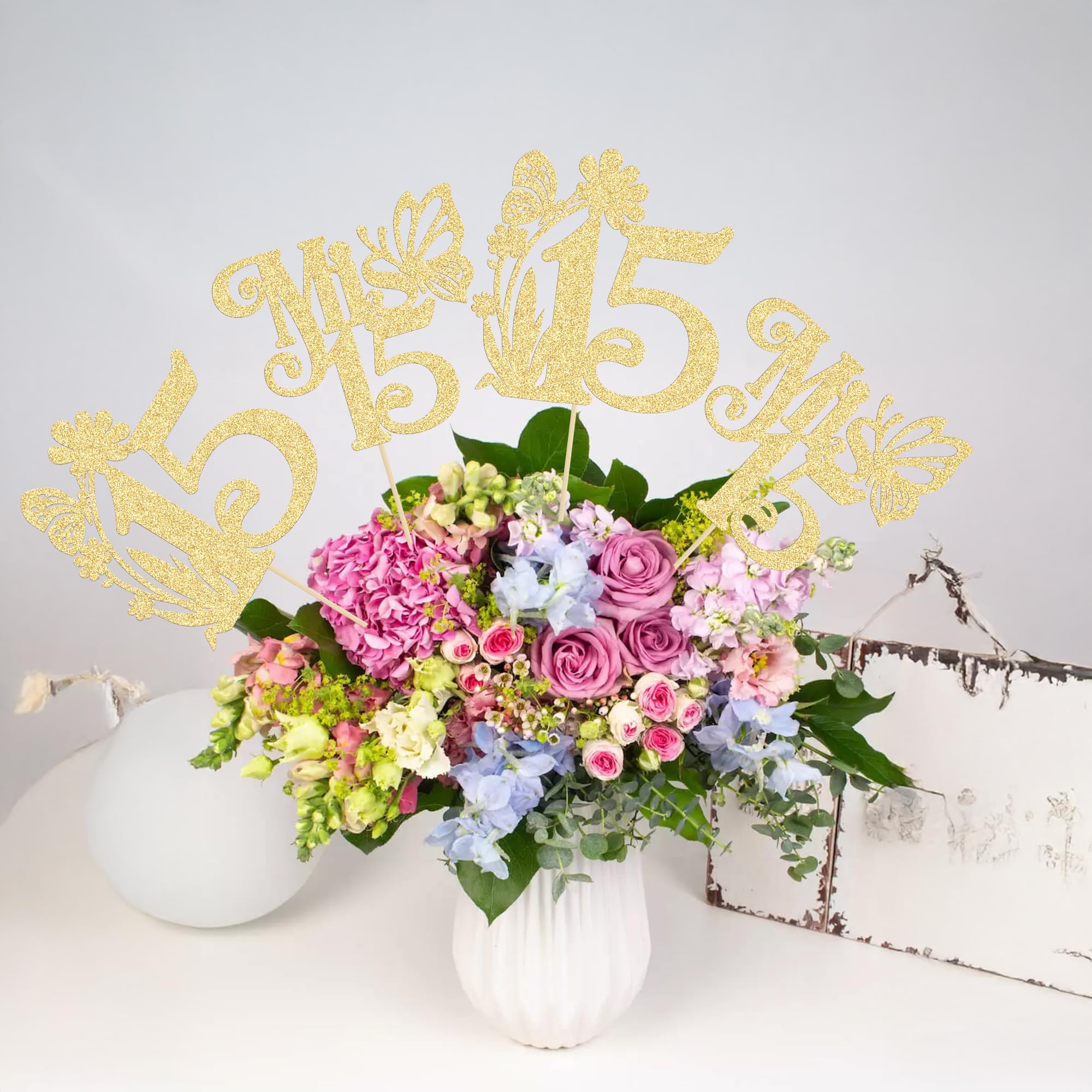 Ephlyn 12Pcs Happy 15th Birthday Centerpiece Sticks Hello 15 Sweet 15 Table Flower Centerpieces Sticks Fifteen Mis 15 Quince Floral Decorations for Cheers to 15 Theme Anniversary Party Supplies Gold